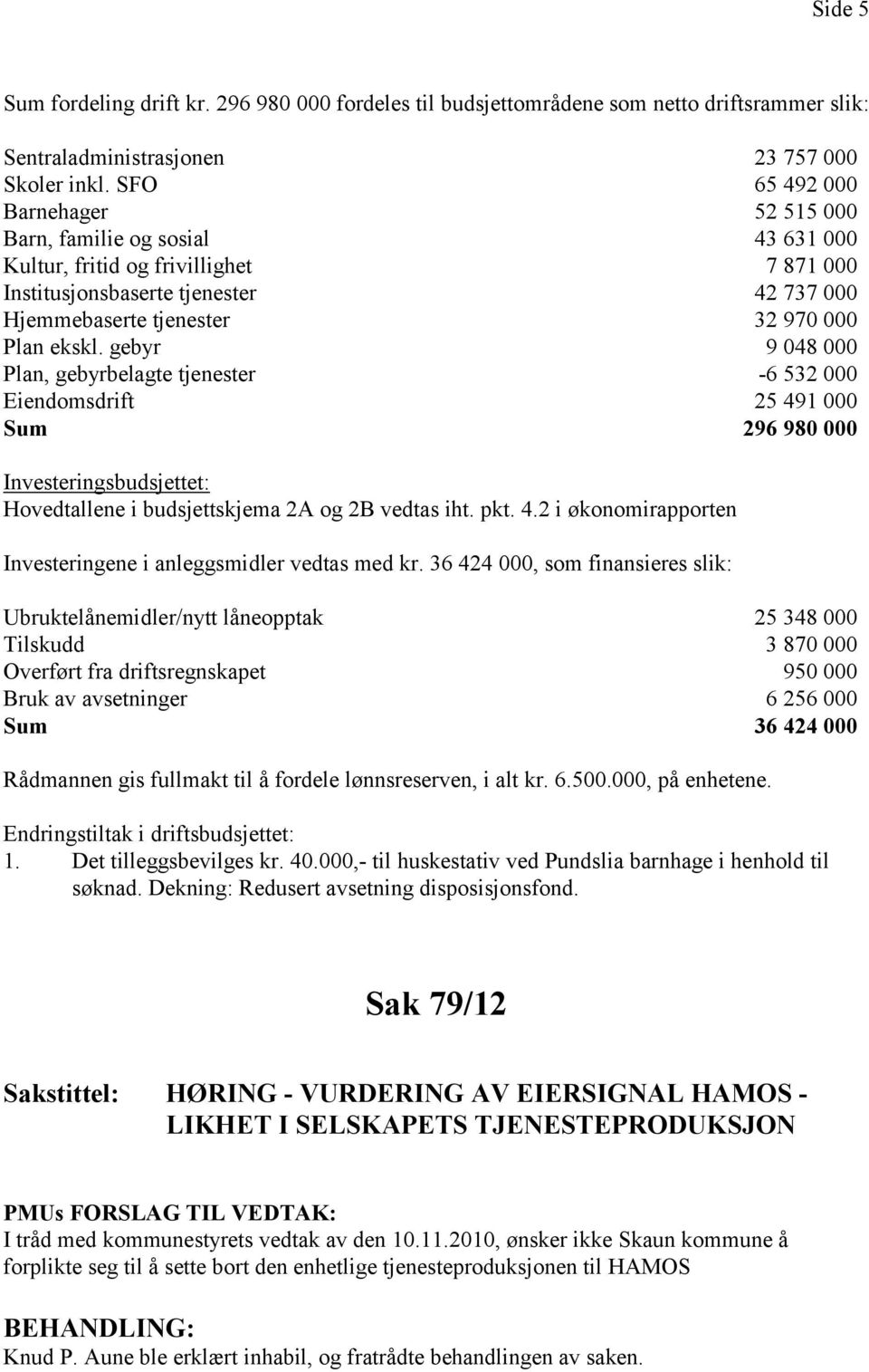 gebyr 9 048 000 Plan, gebyrbelagte tjenester -6 532 000 Eiendomsdrift 25 491 000 Sum 296 980 000 Investeringsbudsjettet: Hovedtallene i budsjettskjema 2A og 2B vedtas iht. pkt. 4.2 i økonomirapporten Investeringene i anleggsmidler vedtas med kr.