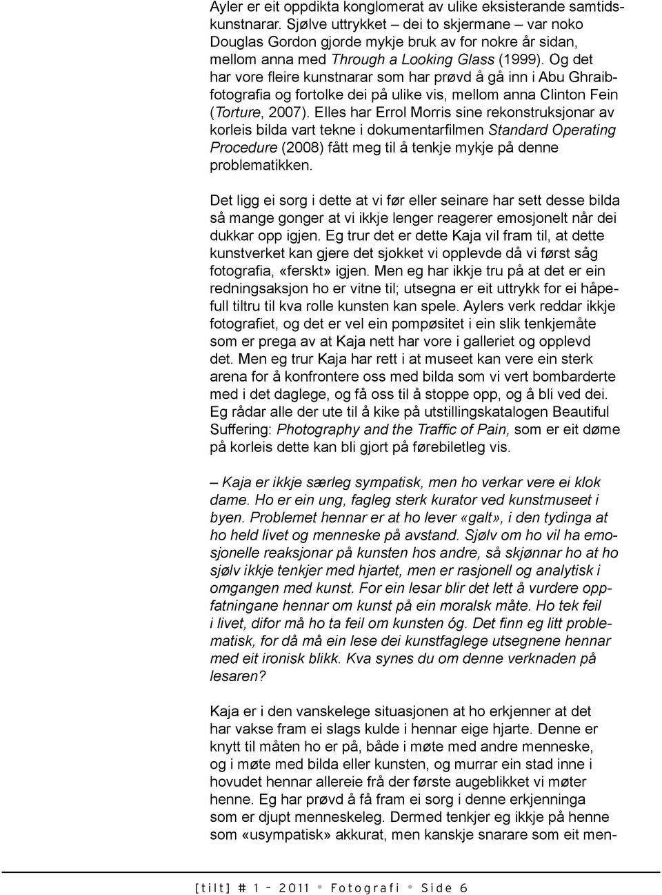 Og det har vore fleire kunstnarar som har prøvd å gå inn i Abu Ghraibfotografia og fortolke dei på ulike vis, mellom anna Clinton Fein (Torture, 2007).