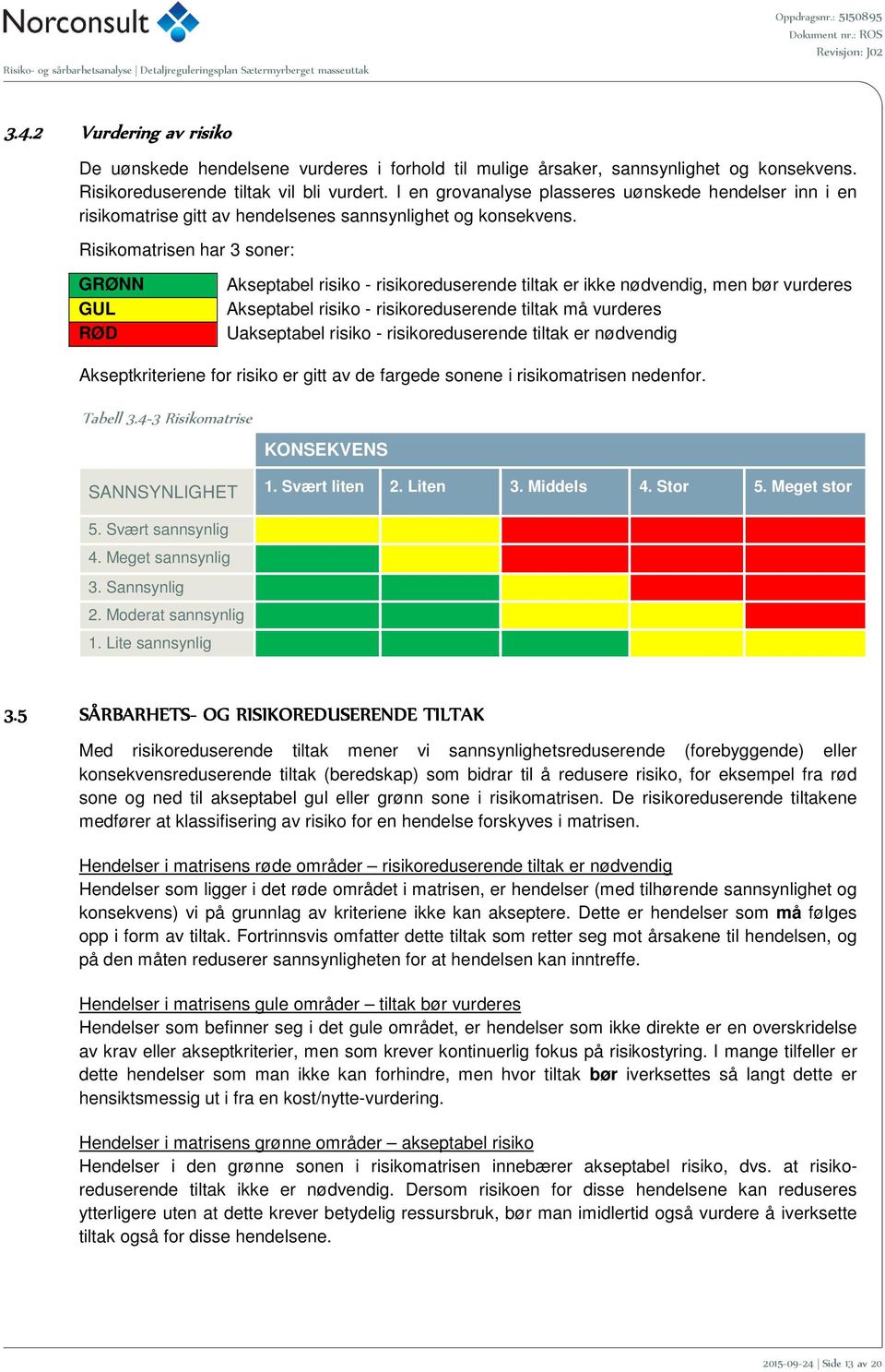 Risikomatrisen har 3 soner: GRØNN GUL RØD Akseptabel risiko - risikoreduserende tiltak er ikke nødvendig, men bør vurderes Akseptabel risiko - risikoreduserende tiltak må vurderes Uakseptabel risiko