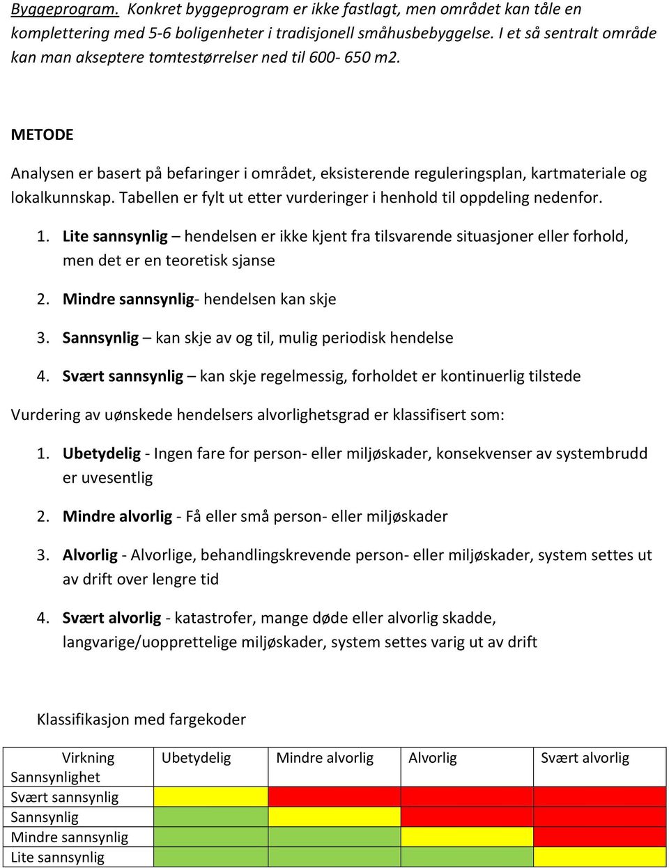 Tabellen er fylt ut etter vurderinger i henhold til oppdeling nedenfor. 1. hendelsen er ikke kjent fra tilsvarende situasjoner eller forhold, men det er en teoretisk sjanse 2. hendelsen kan skje 3.