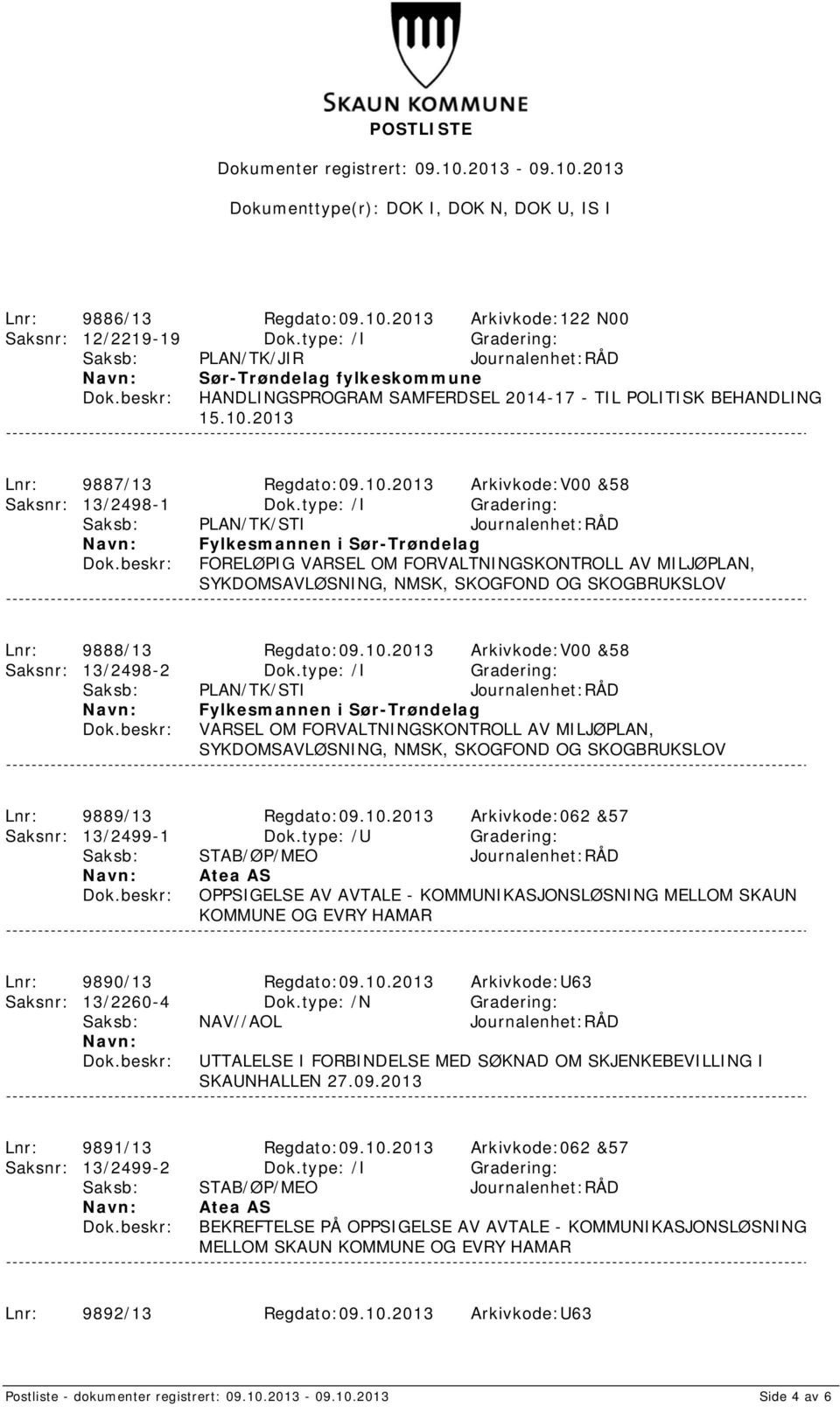 type: /I Gradering: Saksb: PLAN/TK/STI Journalenhet:RÅD Fylkesmannen i Sør-Trøndelag FORELØPIG VARSEL OM FORVALTNINGSKONTROLL AV MILJØPLAN, SYKDOMSAVLØSNING, NMSK, SKOGFOND OG SKOGBRUKSLOV Lnr: