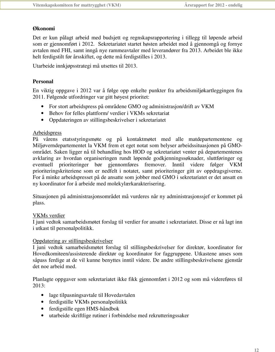 Arbeidet ble ikke helt ferdigstilt før årsskiftet, og dette må ferdigstilles i 2013. Utarbeide innkjøpsstrategi må utsettes til 2013.