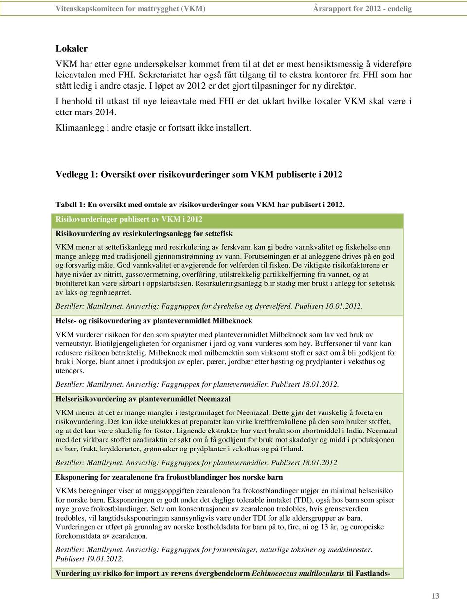 I henhold til utkast til nye leieavtale med FHI er det uklart hvilke lokaler VKM skal være i etter mars 2014. Klimaanlegg i andre etasje er fortsatt ikke installert.