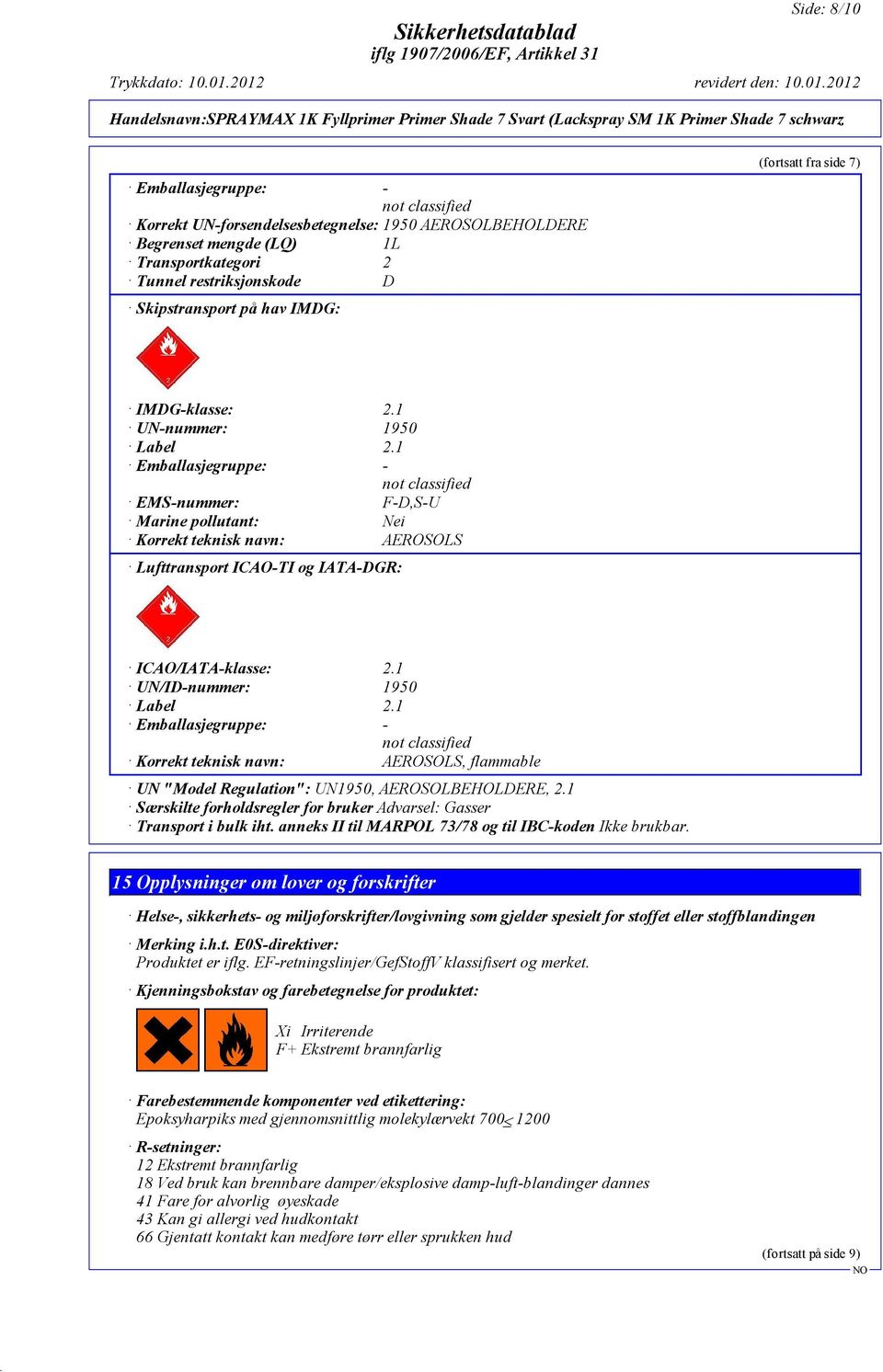 1 Emballasjegruppe: - not classified EMS-nummer: F-D,S-U Marine pollutant: Nei Korrekt teknisk navn: AEROSOLS Lufttransport ICAO-TI og IATA-DGR: ICAO/IATA-klasse: 2.1 UN/ID-nummer: 1950 Label 2.