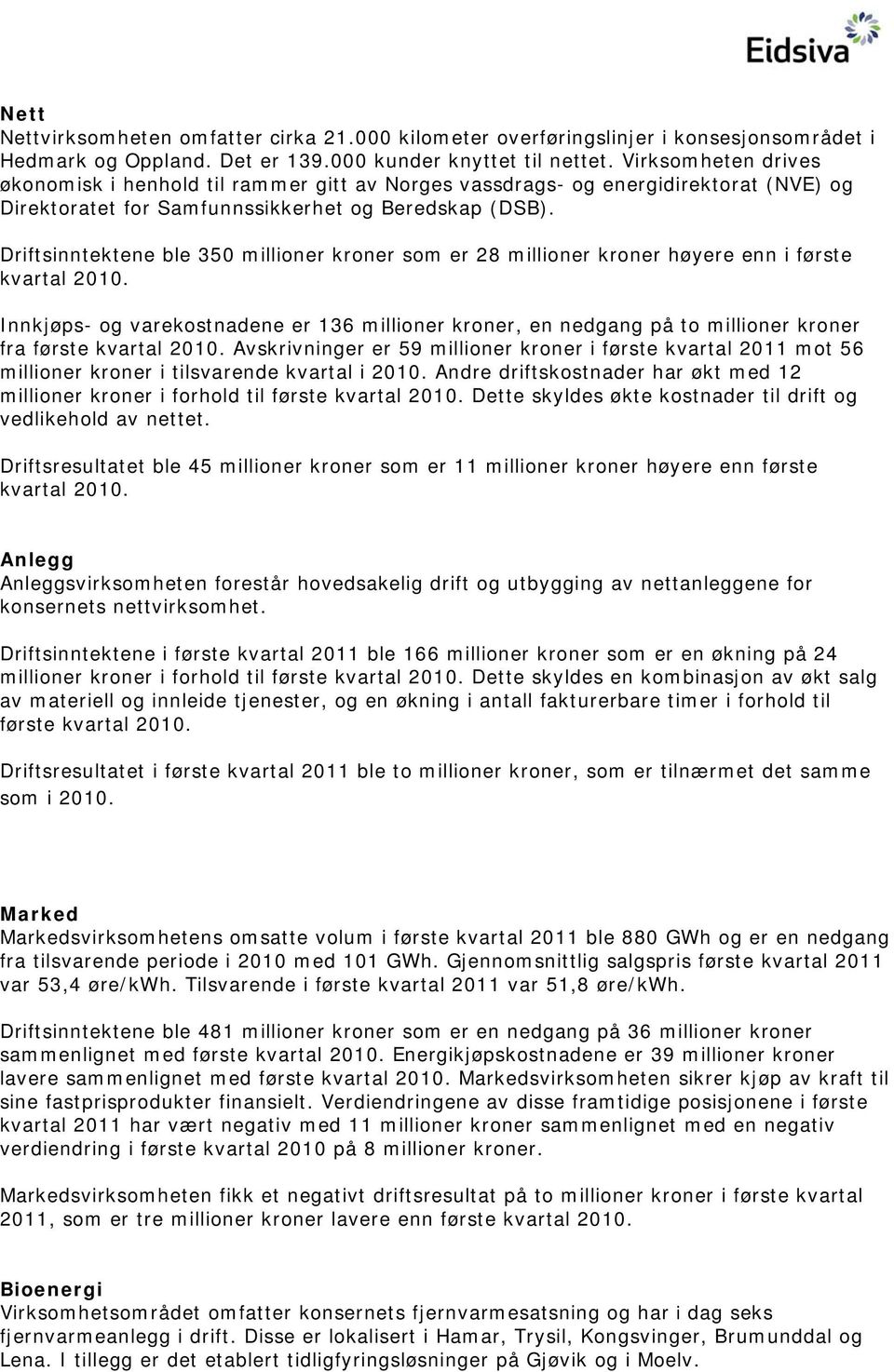 Driftsinntektene ble 350 millioner kroner som er 28 millioner kroner høyere enn i første kvartal 2010.