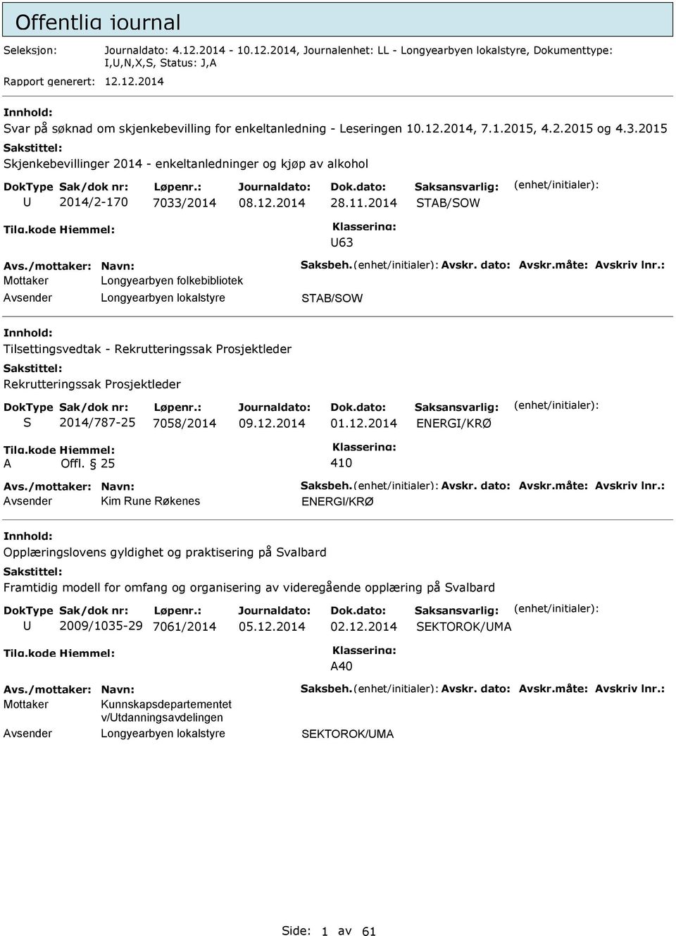 : Longyearbyen folkebibliotek Tilsettingsvedtak - Rekrutteringssak Prosjektleder Rekrutteringssak Prosjektleder S 2014/787-25 7058/2014 01.12.2014 ENERG/KRØ vs./mottaker: Navn: Saksbeh. vskr.