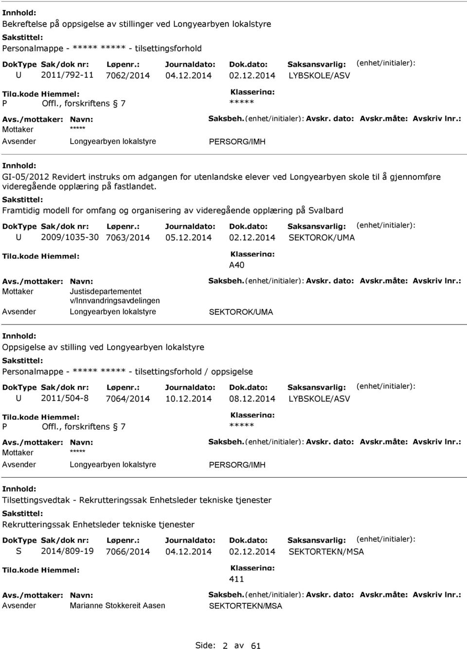 Framtidig modell for omfang og organisering av videregående opplæring på Svalbard 2009/1035-30 7063/2014 02.12.2014 SEKTOROK/M 40 vs./mottaker: Navn: Saksbeh. vskr. dato: vskr.måte: vskriv lnr.