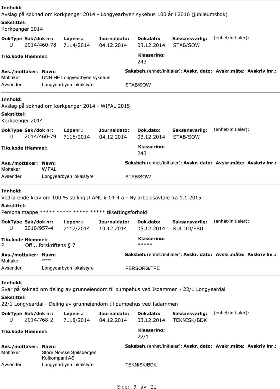 : WFL Vedrørende krav om 100 % stilling jf ML 14-4 a - Ny arbeidsavtale fra 1.1.2015 Personalmappe tilsettingsforhold 2010/957-4 7117/2014 KLTD/EB P Offl., forskriftens 7 vs./mottaker: Navn: Saksbeh.