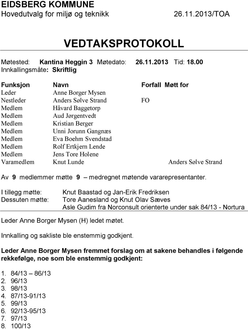 Jorunn Gangnæs Medlem Eva Boehm Svendstad Medlem Rolf Ertkjern Lende Medlem Jens Tore Holene Varamedlem Knut Lunde Anders Sølve Strand Av 9 medlemmer møtte 9 medregnet møtende vararepresentanter.