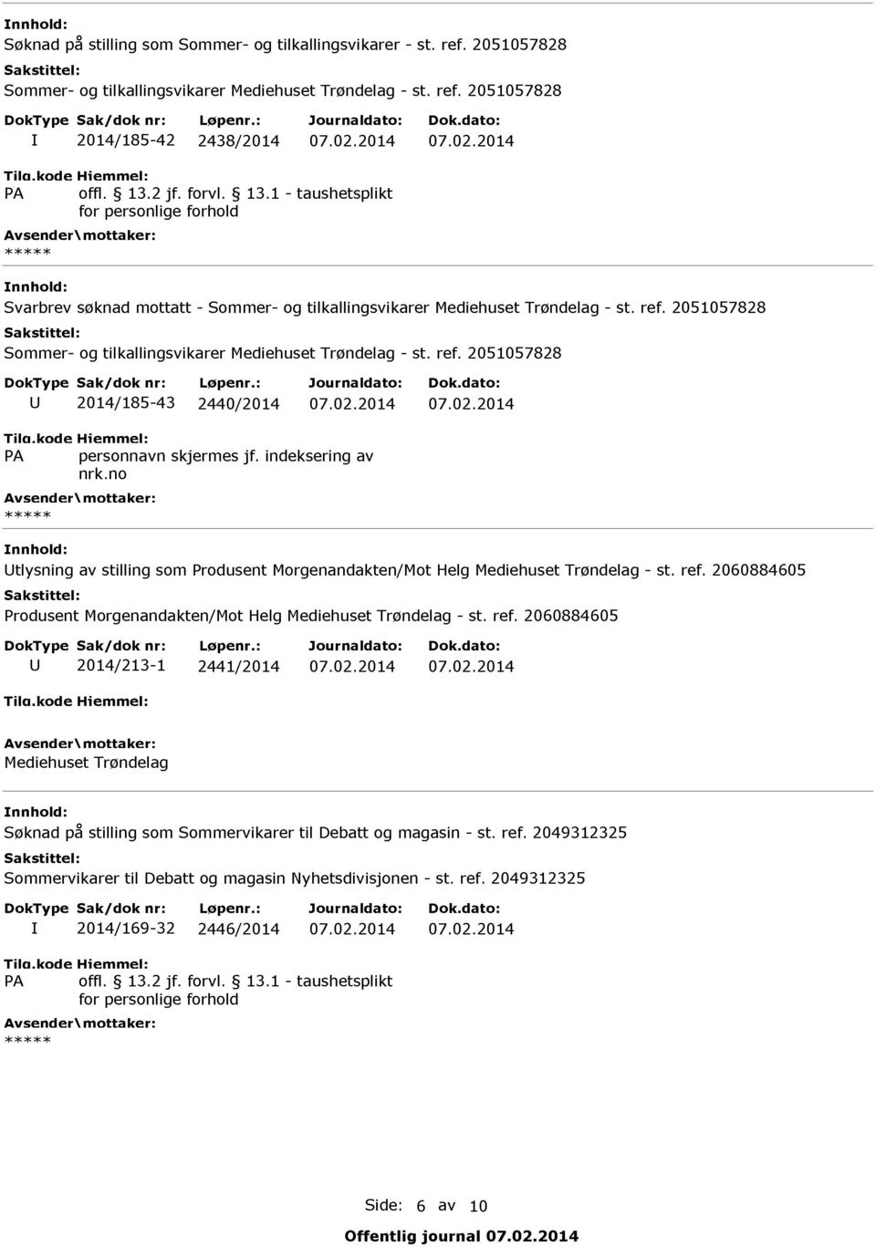 2060884605 Produsent Morgenandakten/Mot Helg Mediehuset Trøndelag - st. ref. 2060884605 DokType Sak/dok nr: U 2014/213-1 Løpenr.: 2441/2014 3ournaldato: Dok.dato: 07.02.2014 07.