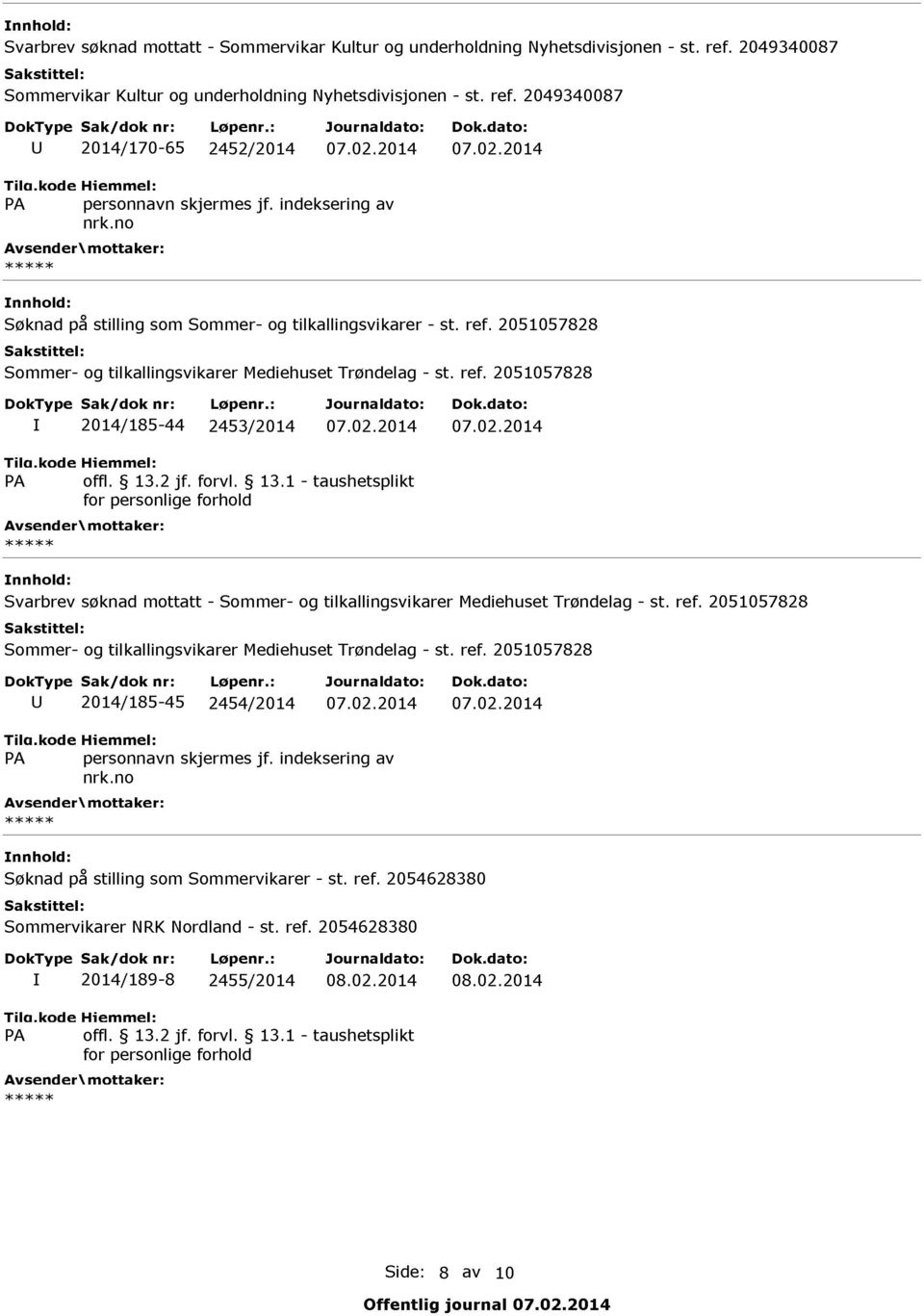 2051057828 I 2014/185-44 2453/2014 07.02.2014 07.02.2014 Svarbrev søknad mottatt - U 2014/185-45 2454/2014 07.