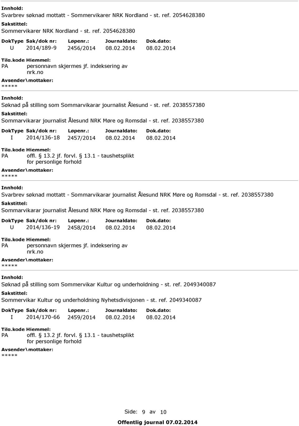 02.2014 08.02.2014 Svarbrev søknad mottatt - Sommarvikarar journalist Ålesund NRK Møre og Romsdal - st. ref. 2038557380 Sommarvikarar journalist Ålesund NRK Møre og Romsdal - st. ref. 2038557380 U 2014/136-19 2458/2014 08.