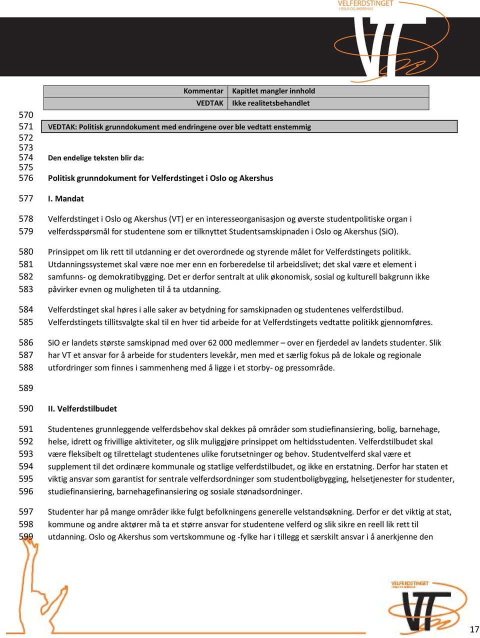 Mandat Velferdstinget i Oslo og Akershus (VT) er en interesseorganisasjon og øverste studentpolitiske organ i velferdsspørsmål for studentene som er tilknyttet Studentsamskipnaden i Oslo og Akershus