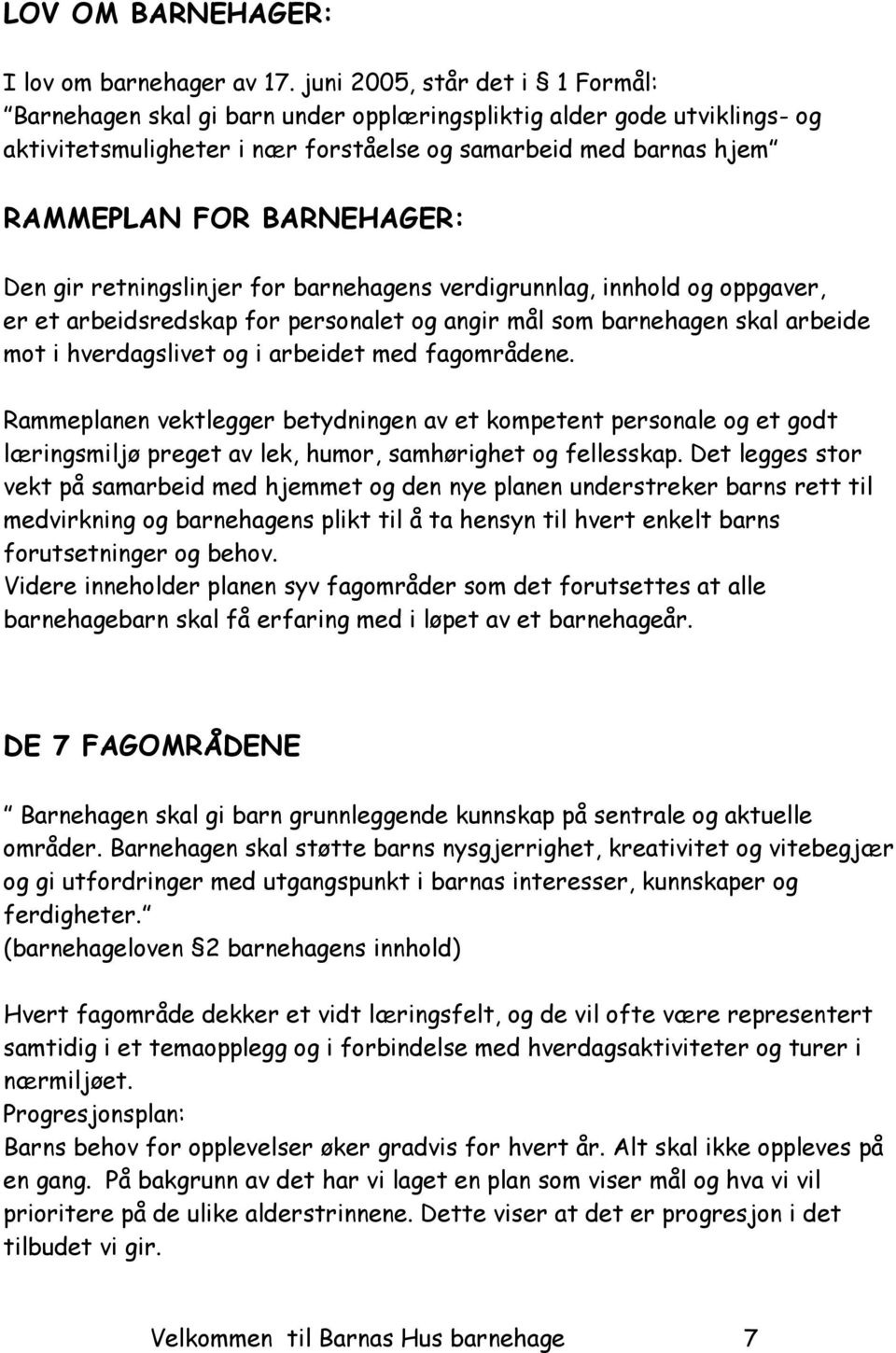 Den gir retningslinjer for barnehagens verdigrunnlag, innhold og oppgaver, er et arbeidsredskap for personalet og angir mål som barnehagen skal arbeide mot i hverdagslivet og i arbeidet med