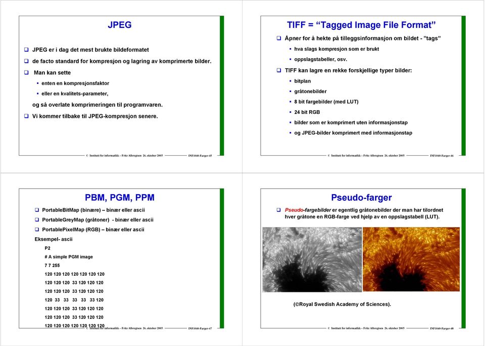 brukt oppslagstabeller, osv TIFF kan lagre en rekke forskjellige typer bilder: bitplan gråtonebilder 8 bit fargebilder (med LUT) 24 bit RGB bilder som er komprimert uten informasjonstap og