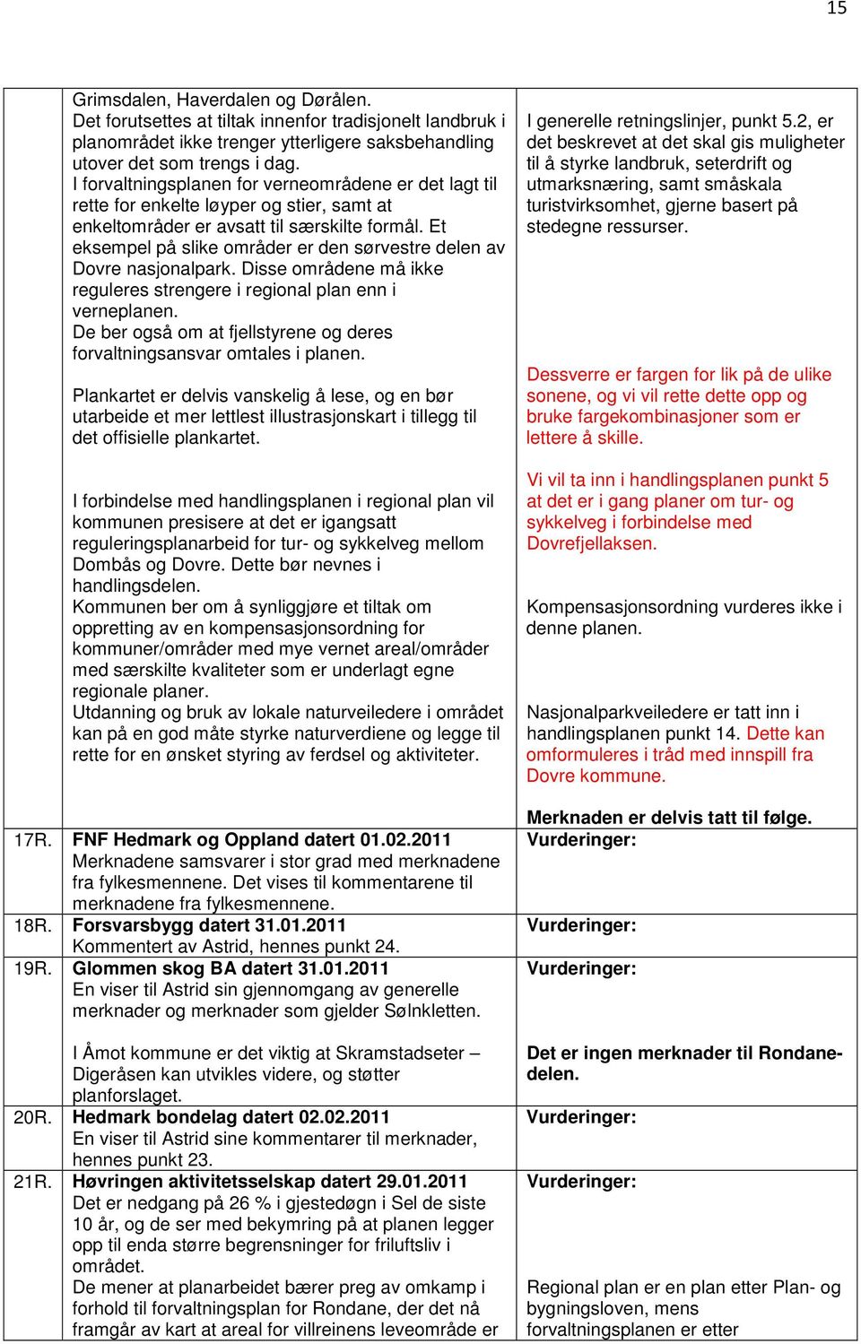 Et eksempel på slike områder er den sørvestre delen av Dovre nasjonalpark. Disse områdene må ikke reguleres strengere i regional plan enn i verneplanen.