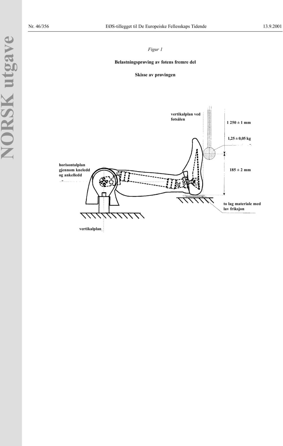 prøvingen vertikalplan ved fotsålen 1 250 ± 1 mm 1,25 ± 0,05 kg