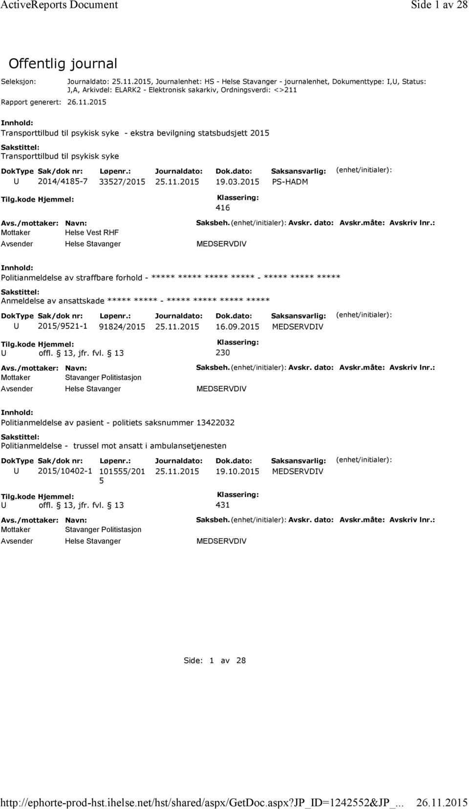 26.11.201 Transporttilbud til psykisk syke - ekstra bevilgning statsbudsjett 201 Transporttilbud til psykisk syke 2014/418-7 3327/201 19.03.201 PS-HADM Tilg.