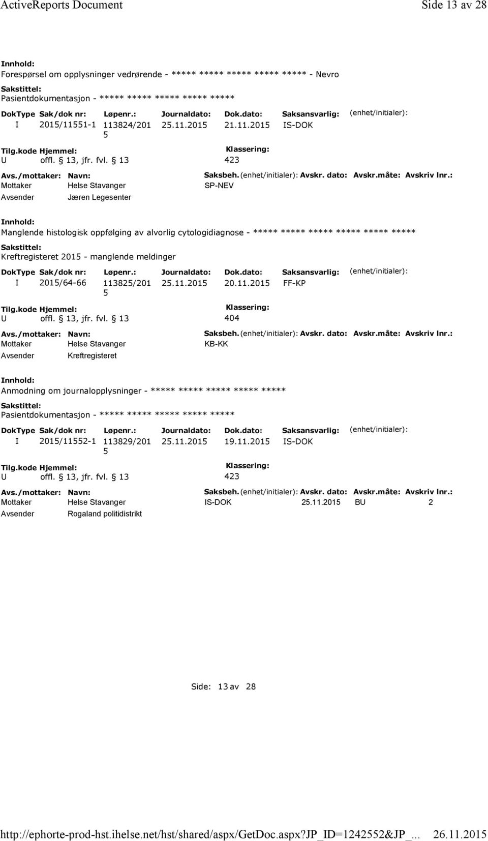 : SP-NEV Manglende histologisk oppfølging av alvorlig cytologidiagnose - ***** ***** ***** ***** ***** ***** Kreftregisteret 201 - manglende meldinger 201/64-66 113