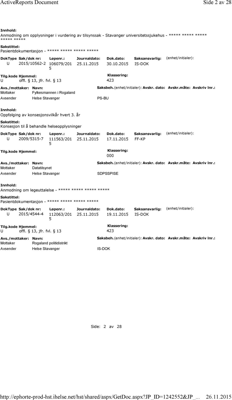 Avskr. dato: Avskr.måte: Avskriv lnr.: PS-B Oppfølging av konsesjonsvilkår hvert 3. år Konsesjon til å behandle helseopplysninger 2009/31-7 11163/201 17.11.201 FF-KP Tilg.