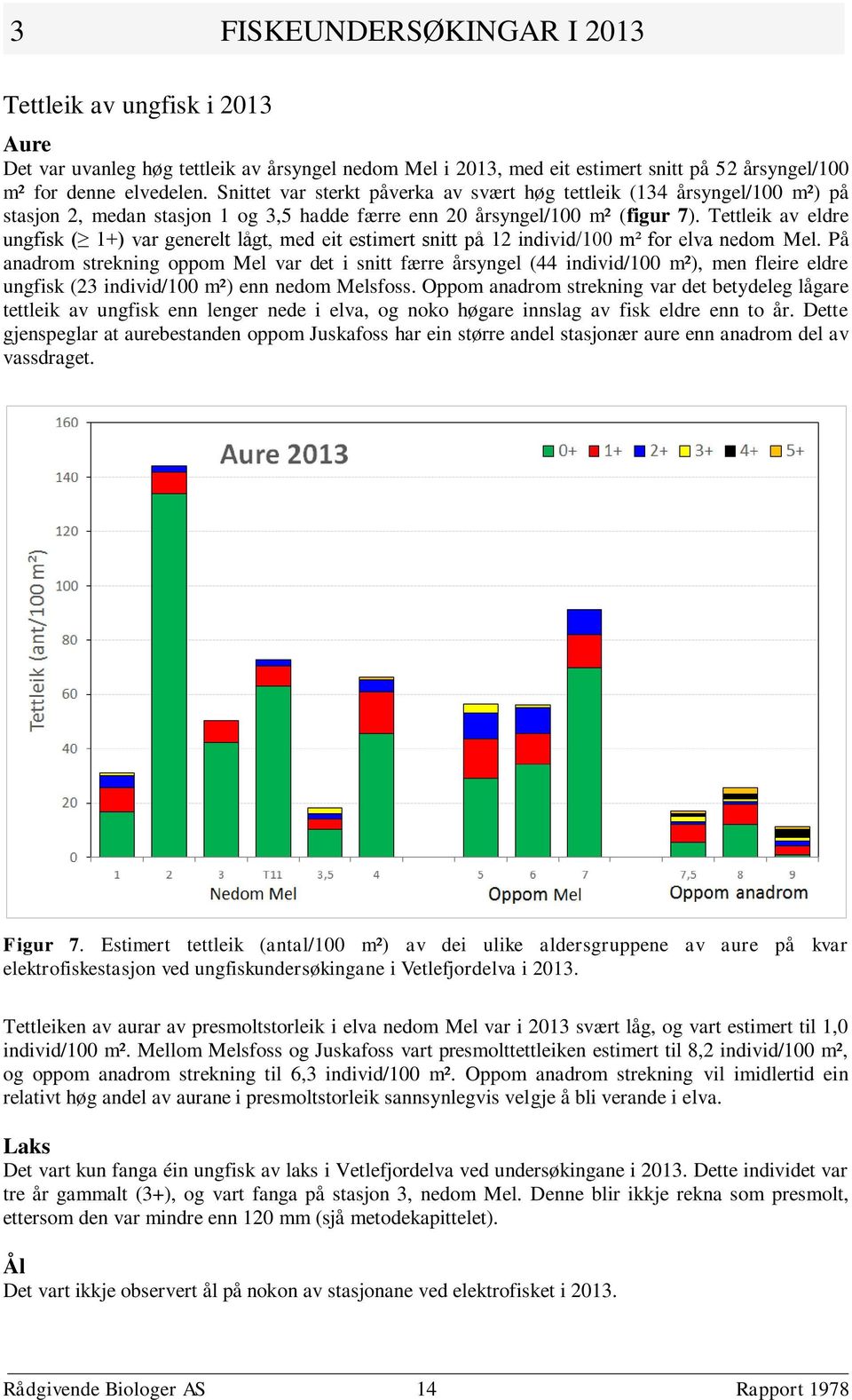 Tettleik av eldre ungfisk ( 1+) var generelt lågt, med eit estimert snitt på 12 individ/100 m² for elva nedom Mel.