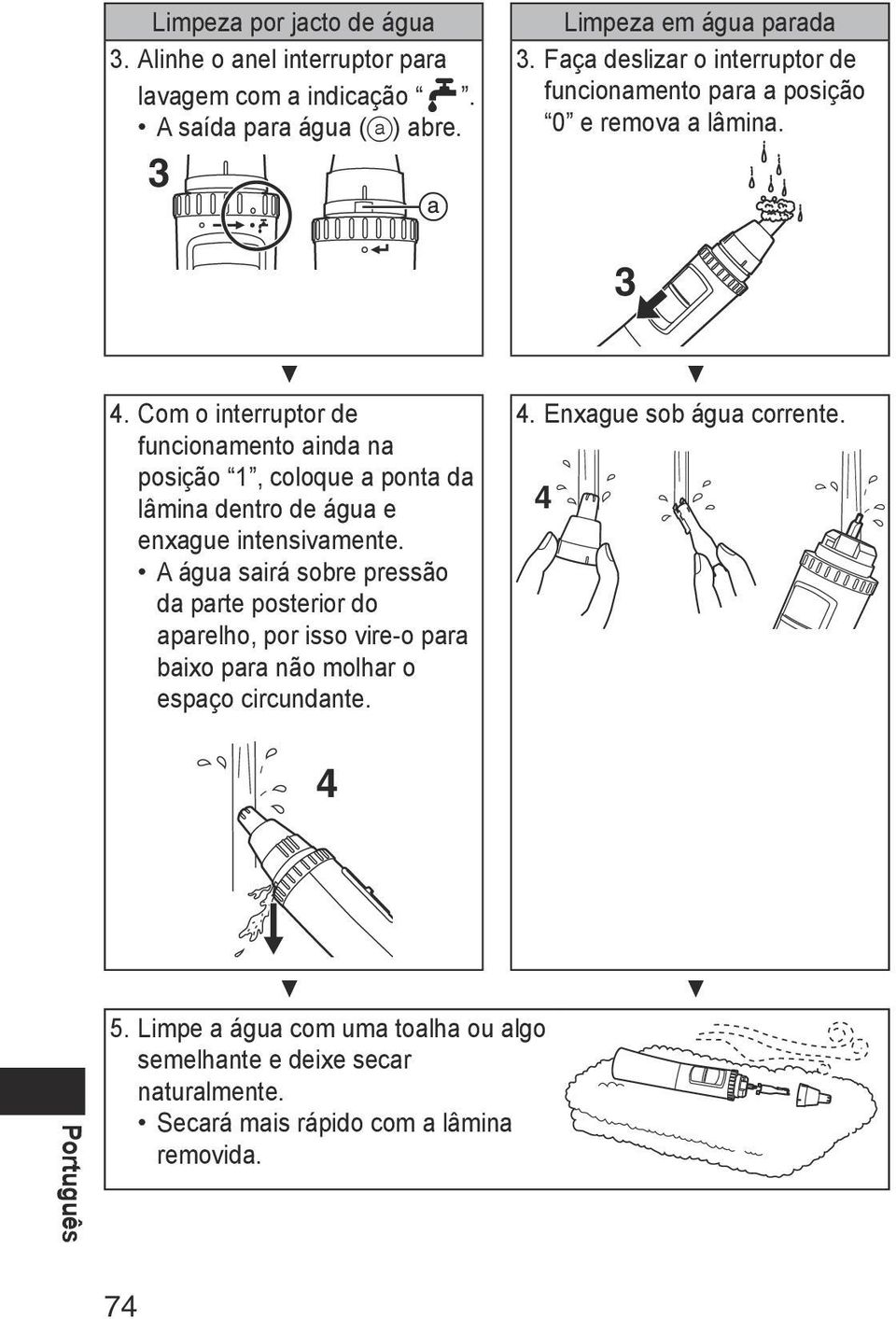 Com o interruptor de funcionamento ainda na posição 1, coloque a ponta da lâmina dentro de água e enxague intensivamente.