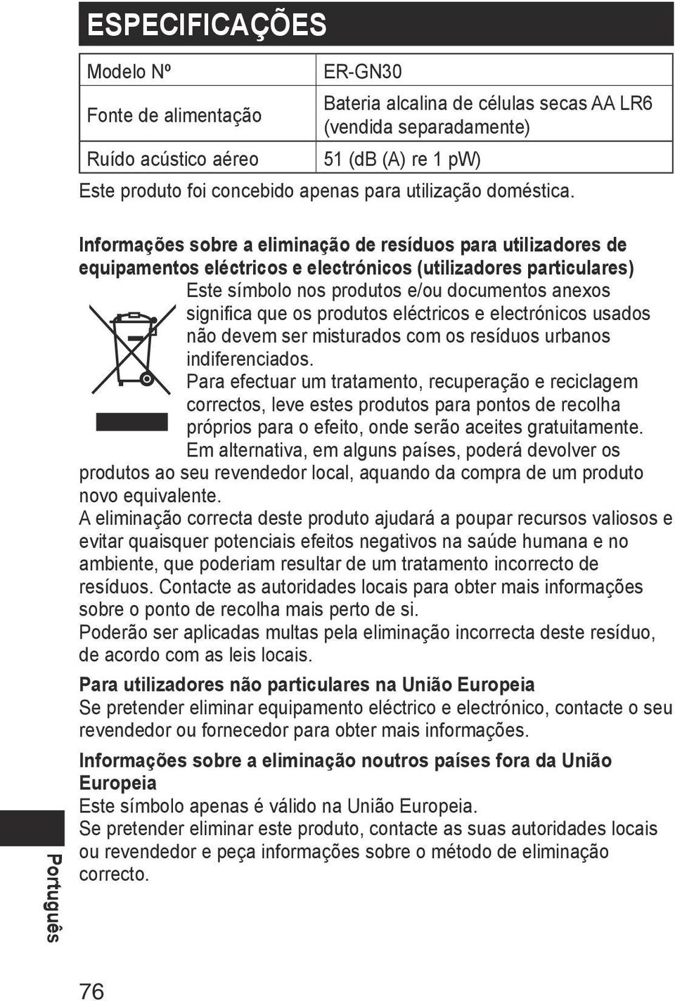 Português Informações sobre a eliminação de resíduos para utilizadores de equipamentos eléctricos e electrónicos (utilizadores particulares) Este símbolo nos produtos e/ou documentos anexos significa