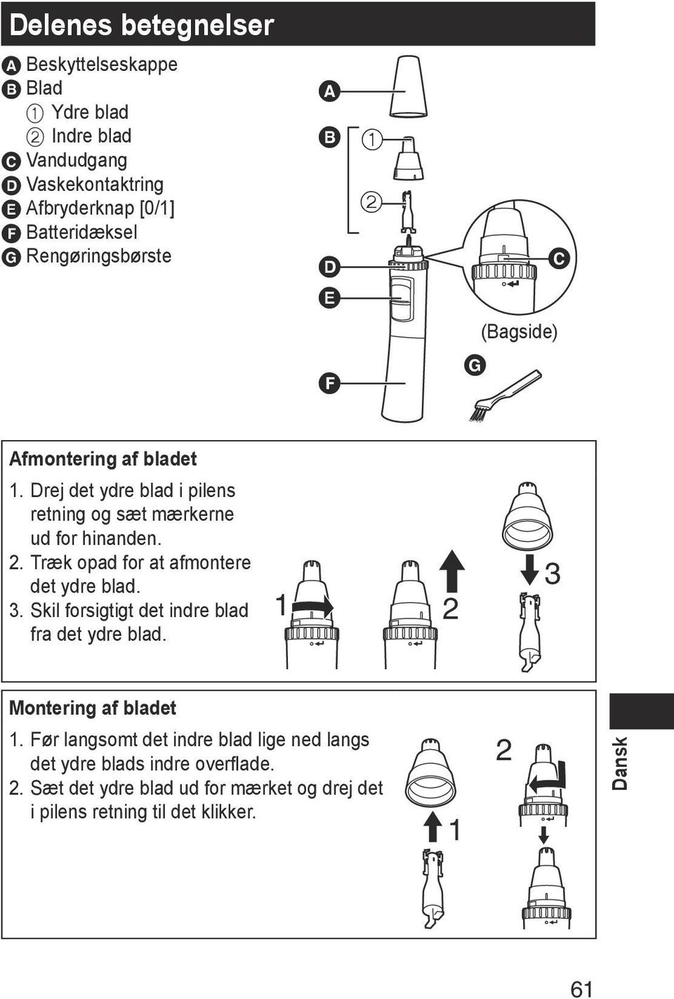 . Træk opad for at afmontere det ydre blad. 3. Skil forsigtigt det indre blad fra det ydre blad. 1 3 Montering af bladet 1.