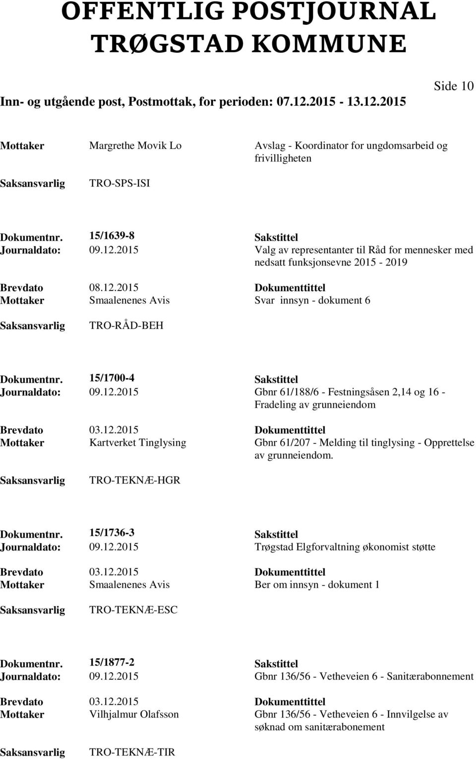 15/1700-4 Sakstittel Journaldato: 09.12.2015 Gbnr 61/188/6 - Festningsåsen 2,14 og 16 - Fradeling av grunneiendom Brevdato 03.12.2015 Dokumenttittel Mottaker Kartverket Tinglysing Gbnr 61/207 - Melding til tinglysing - Opprettelse av grunneiendom.