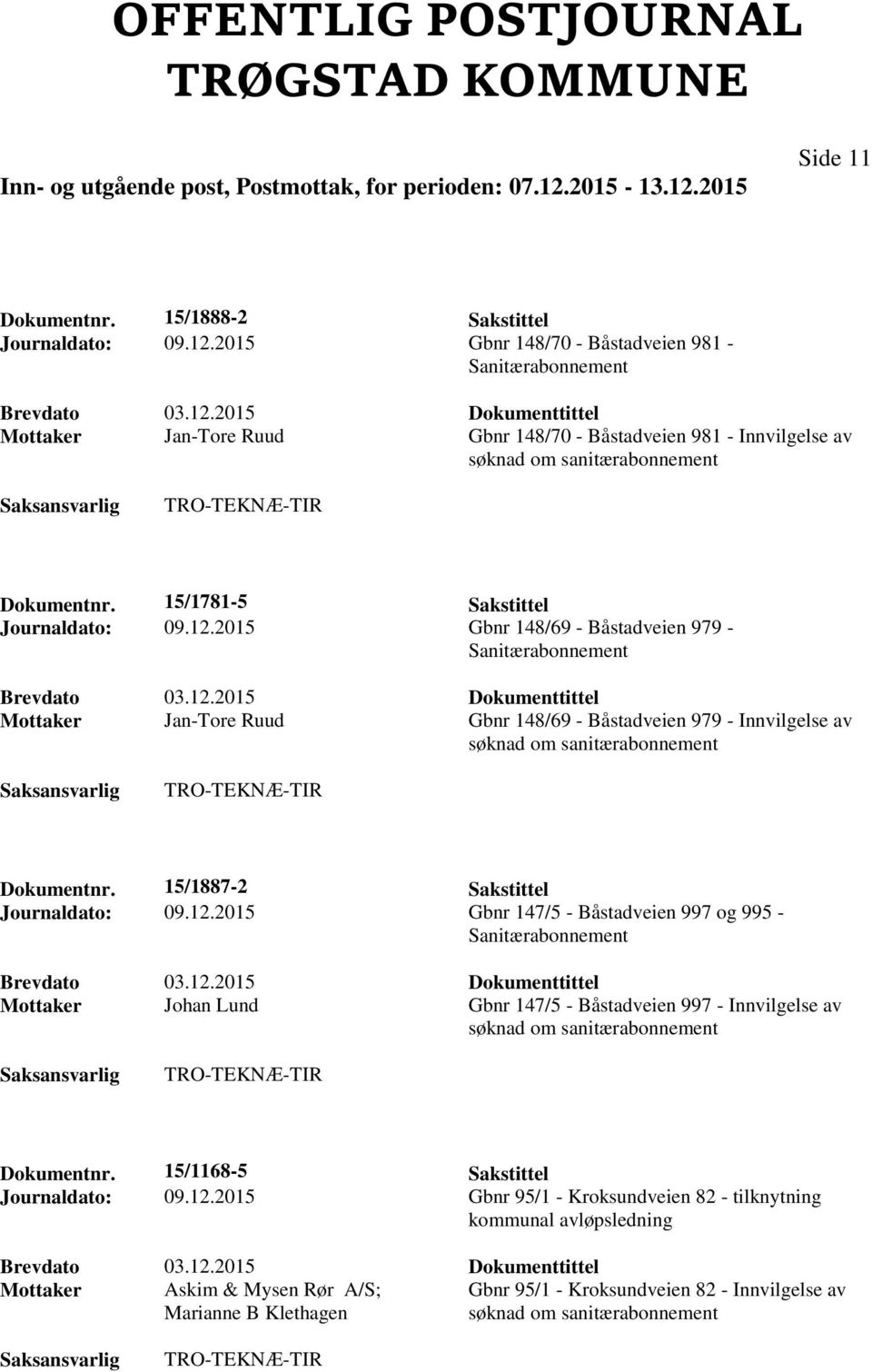 15/1887-2 Sakstittel Journaldato: 09.12.2015 Gbnr 147/5 - Båstadveien 997 og 995 - Sanitærabonnement Brevdato 03.12.2015 Dokumenttittel Mottaker Johan Lund Gbnr 147/5 - Båstadveien 997 - Innvilgelse av søknad om sanitærabonnement Dokumentnr.