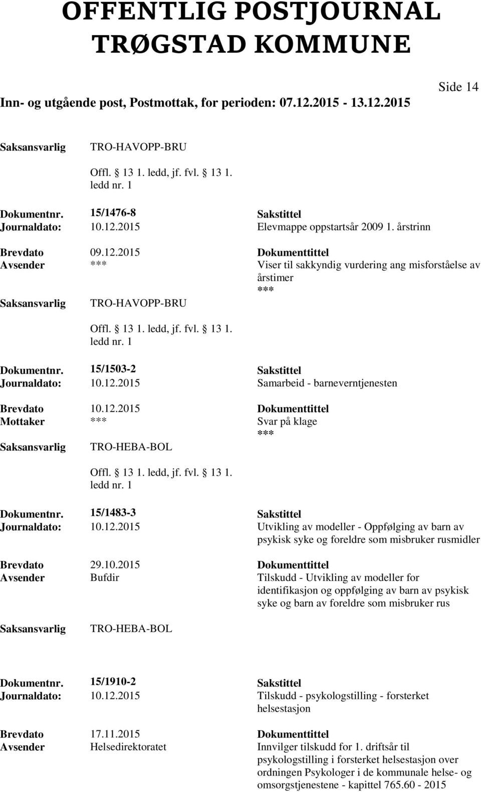 10.2015 Dokumenttittel Avsender Bufdir Tilskudd - Utvikling av modeller for identifikasjon og oppfølging av barn av psykisk syke og barn av foreldre som misbruker rus TRO-HEBA-BOL Dokumentnr.