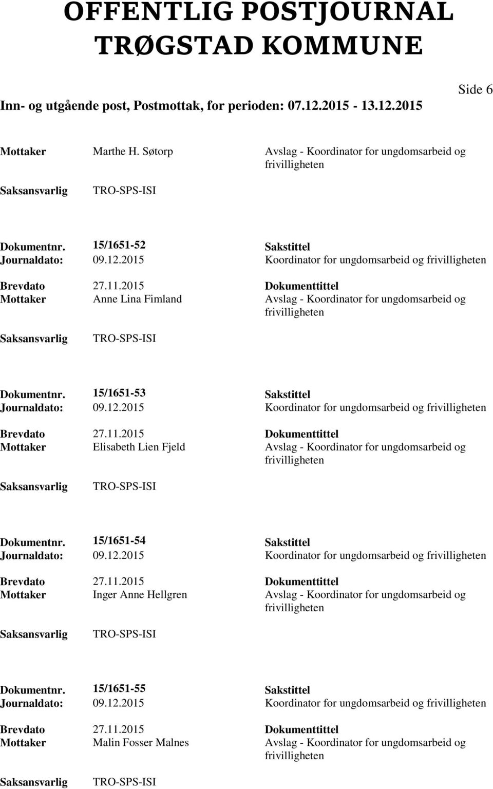 2015 Koordinator for ungdomsarbeid og Mottaker Elisabeth Lien Fjeld Avslag - Koordinator for ungdomsarbeid og Dokumentnr. 15/1651-54 Sakstittel Journaldato: 09.12.