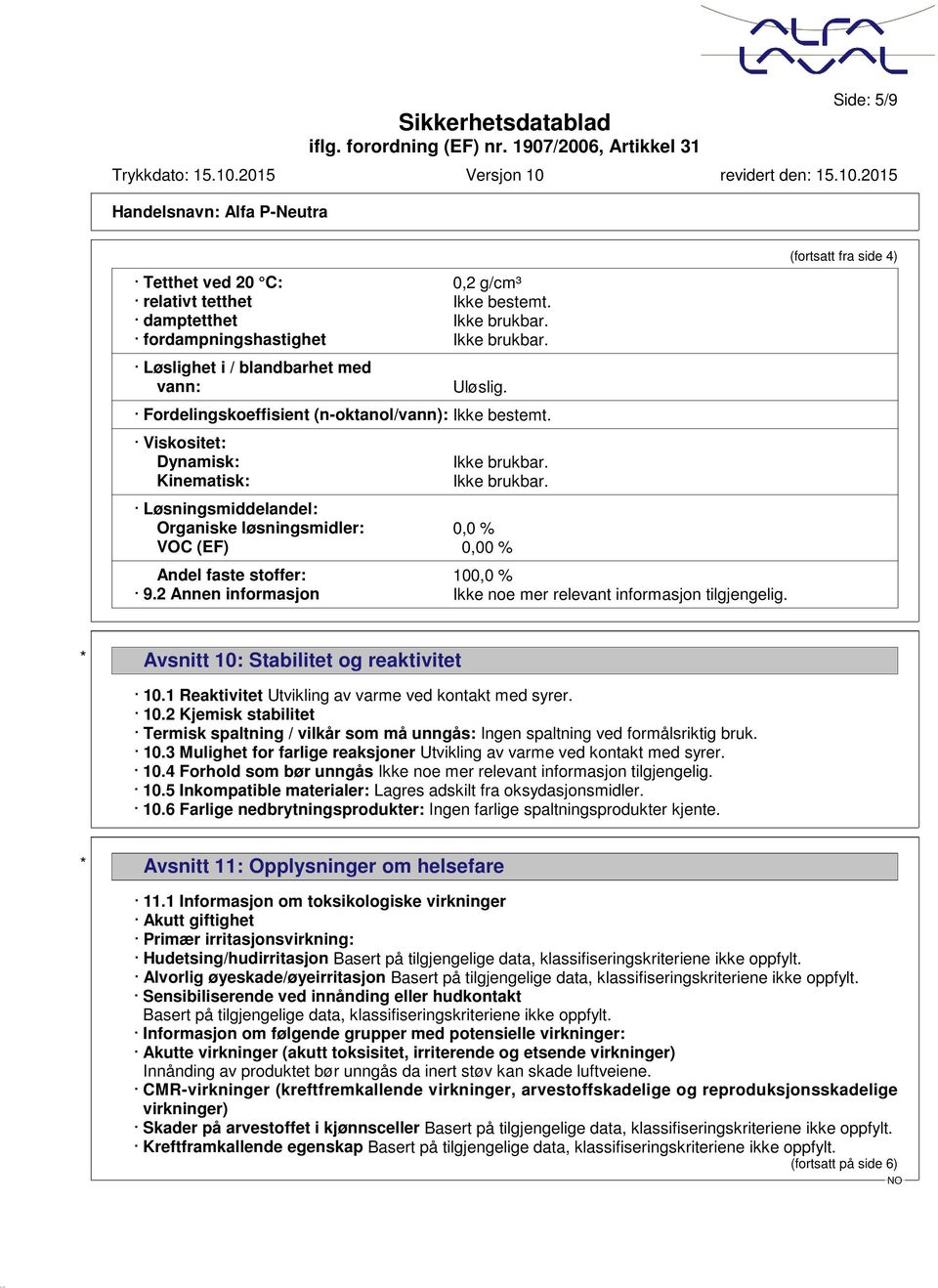 Ikke brukbar. Løsningsmiddelandel: Organiske løsningsmidler: 0,0 % VOC (EF) 0,00 % Andel faste stoffer: 100,0 % 9.2 Annen informasjon Ikke noe mer relevant informasjon tilgjengelig.