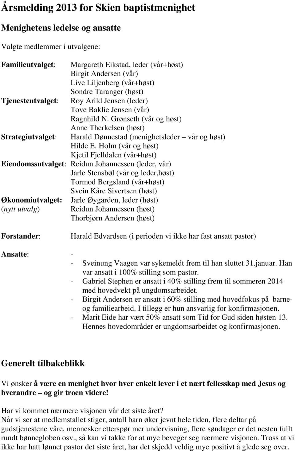 Grønseth (vår og høst) Anne Therkelsen (høst) Harald Dønnestad (menighetsleder vår og høst) Hilde E.