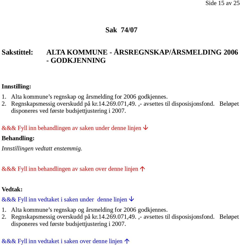 ,- avsettes til disposisjonsfond. Beløpet disponeres ved første budsjettjustering i 2007. Innstillingen vedtatt enstemmig. 1.