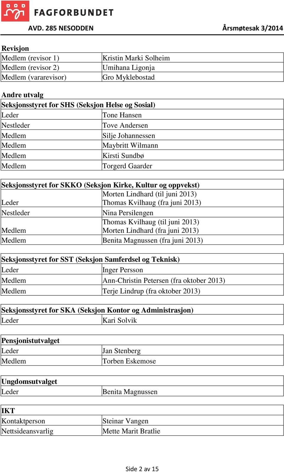 Nina Persilengen Thomas Kvilhaug (til juni 2013) Morten Lindhard (fra juni 2013) Benita Magnussen (fra juni 2013) Seksjonsstyret for SST (Seksjon Samferdsel og Teknisk) Inger Persson Ann-Christin