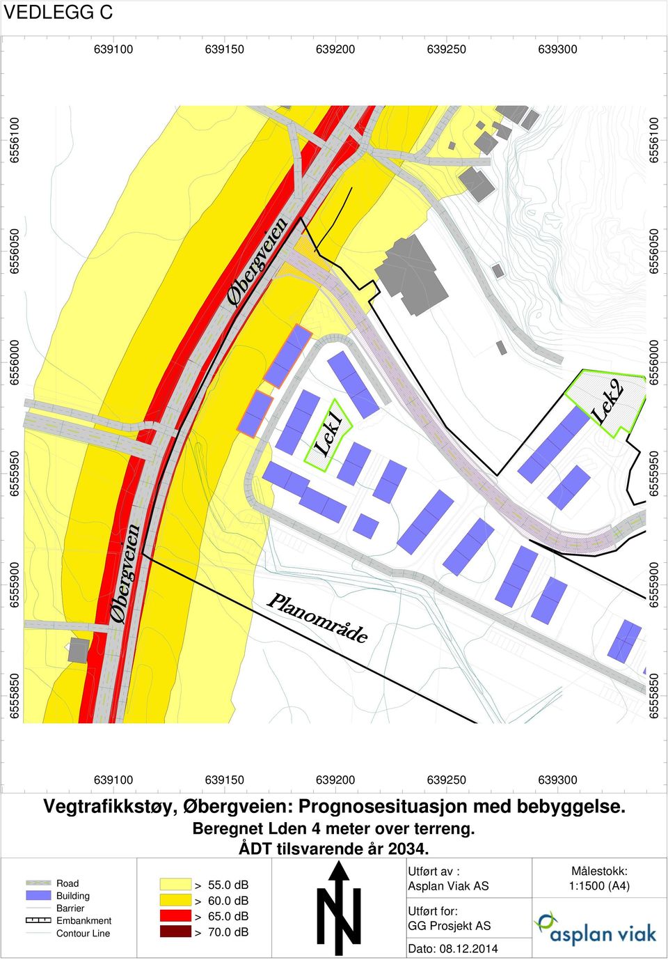 Road Building Barrier Embankment Contour Line > 55.0 db > 60.0 db > 65.0 db > 70.