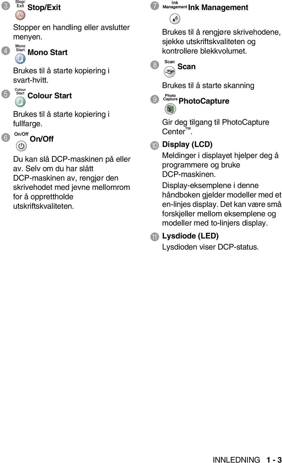 7 Ink Management Brukes til å rengjøre skrivehodene, sjekke utskriftskvaliteten og kontrollere blekkvolumet. 8 Scan Brukes til å starte skanning 9 PhotoCapture Gir deg tilgang til PhotoCapture Center.