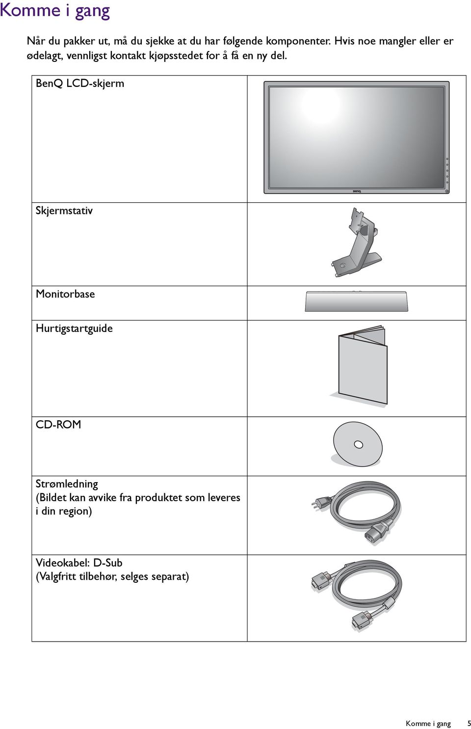 BenQ LCD-skjerm Skjermstativ Monitorbase Hurtigstartguide CD-ROM Strømledning (Bildet kan
