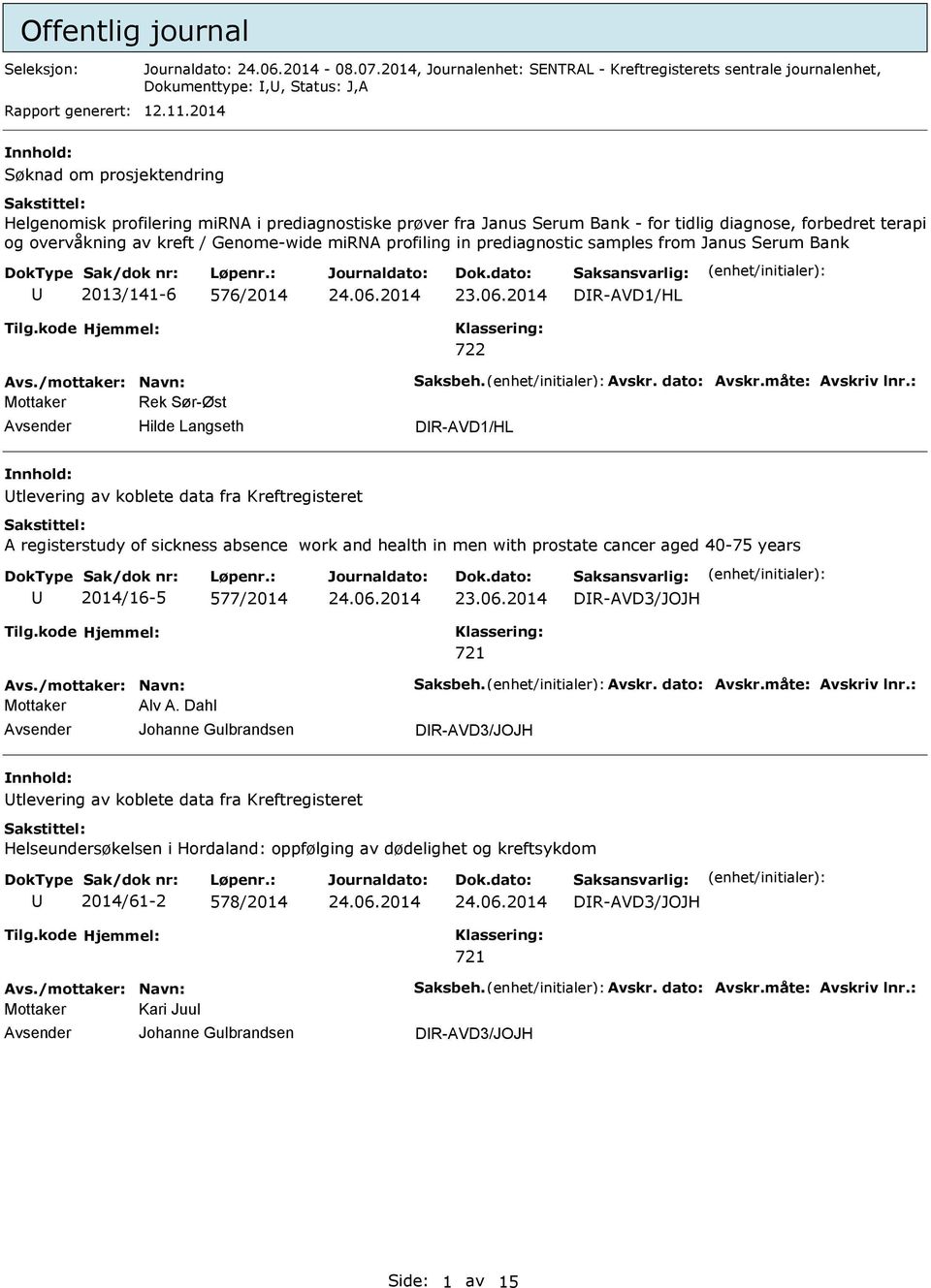 profiling in prediagnostic samples from Janus Serum Bank 2013/141-6 576/2014 24.06.2014 23.06.2014 DR-AVD1/HL 722 Avs./mottaker: Navn: Saksbeh. Avskr. dato: Avskr.måte: Avskriv lnr.
