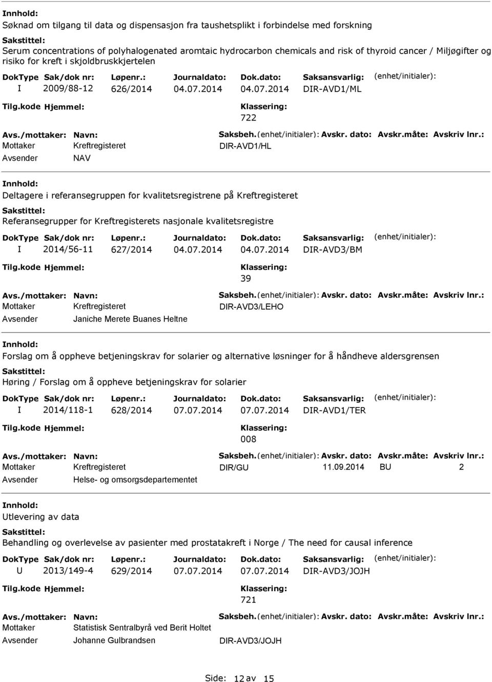 : DR-AVD1/HL NAV Deltagere i referansegruppen for kvalitetsregistrene på Kreftregisteret Referansegrupper for Kreftregisterets nasjonale kvalitetsregistre 2014/56-11 627/2014 04.07.