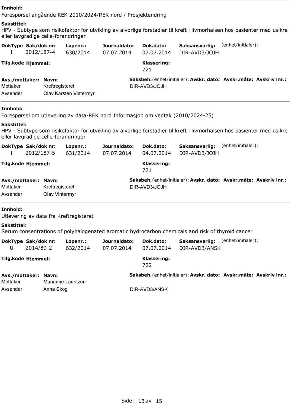 : DR-AVD3/JOJH Olav Karsten Vintermyr Forespørsel om utlevering av data-rek nord nformasjon om vedtak (2010/2024-25) HPV - Subtype som risikofaktor for utvikling av alvorlige forstadier til kreft i