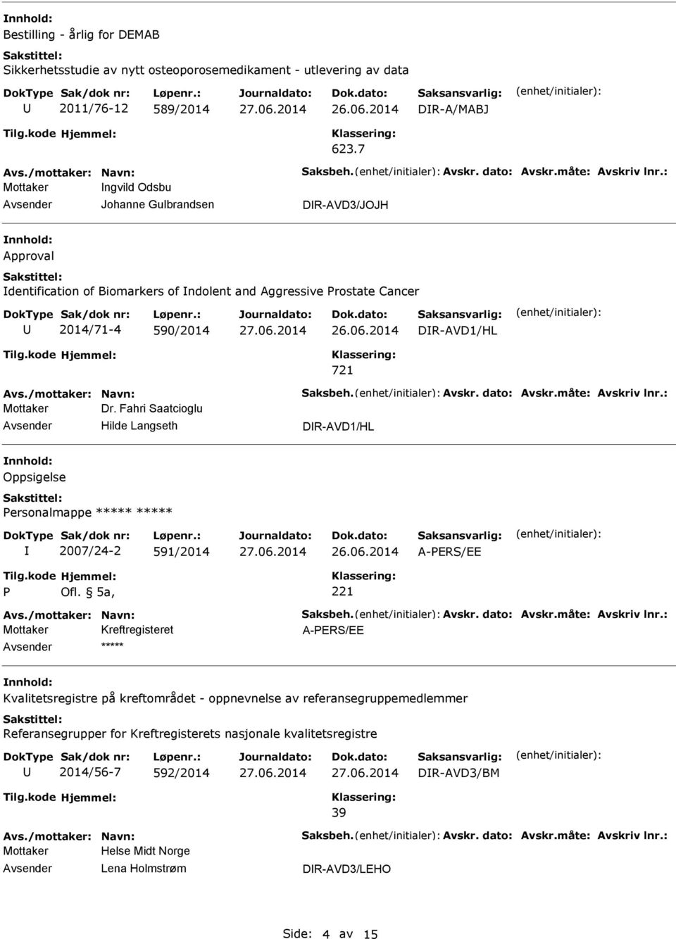 /mottaker: Navn: Saksbeh. Avskr. dato: Avskr.måte: Avskriv lnr.: Mottaker Dr. Fahri Saatcioglu Hilde Langseth DR-AVD1/HL Oppsigelse Personalmappe ***** ***** 2007/24-2 591/2014 26.06.