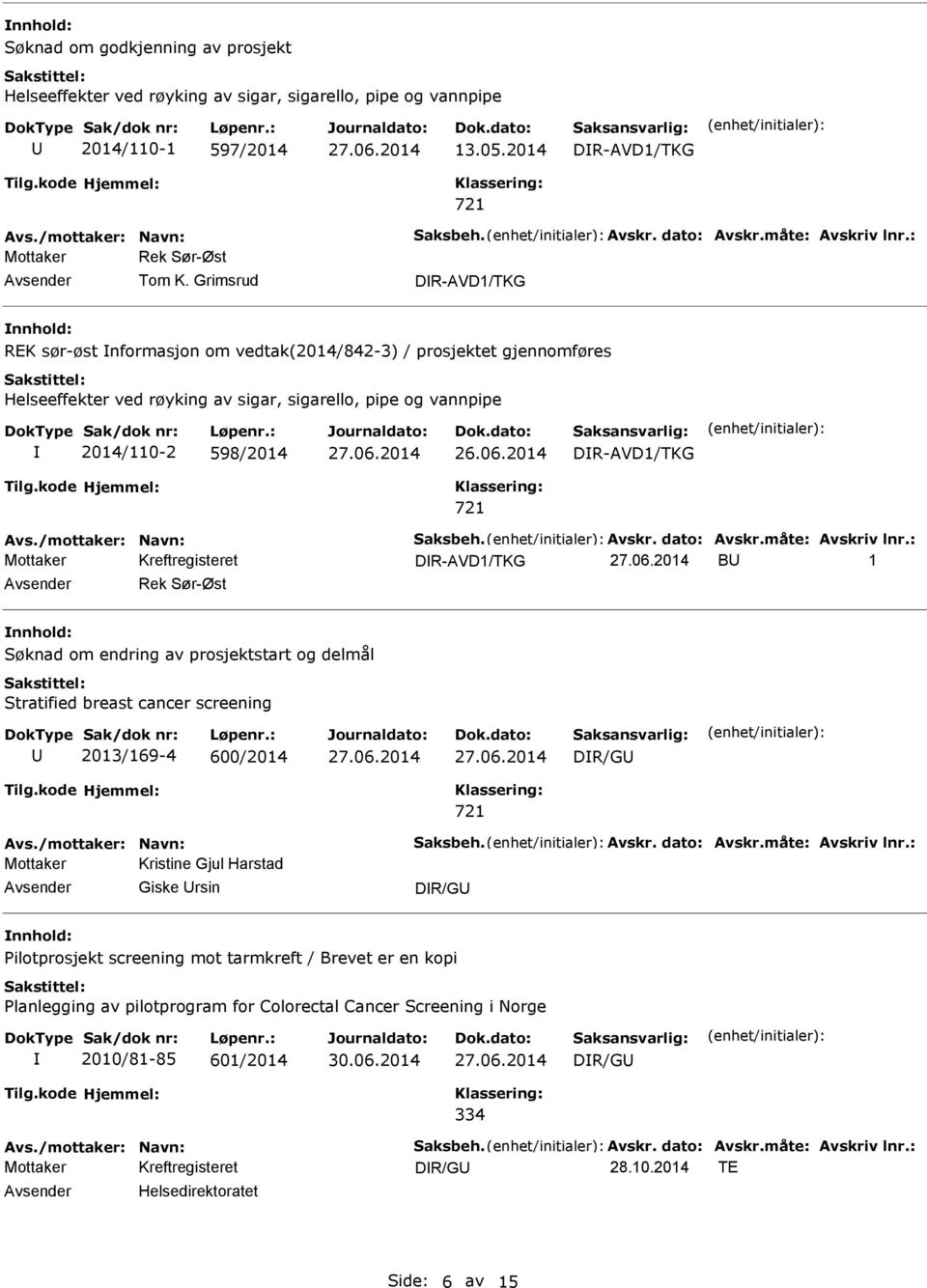 Grimsrud DR-AVD1/TKG REK sør-øst nformasjon om vedtak(2014/842-3) / prosjektet gjennomføres Helseeffekter ved røyking av sigar, sigarello, pipe og vannpipe 2014/110-2 598/2014 26.06.