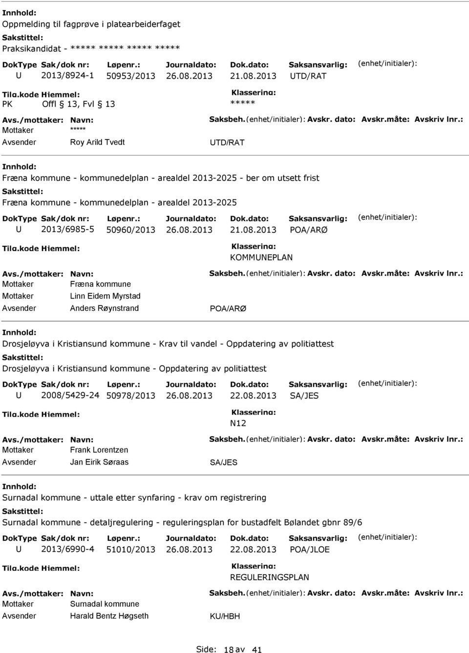 av politiattest Drosjeløyva i Kristiansund kommune - Oppdatering av politiattest 2008/5429-24 50978/2013 SA/JES N12 Frank Lorentzen Jan Eirik Søraas SA/JES Surnadal kommune - uttale etter synfaring -