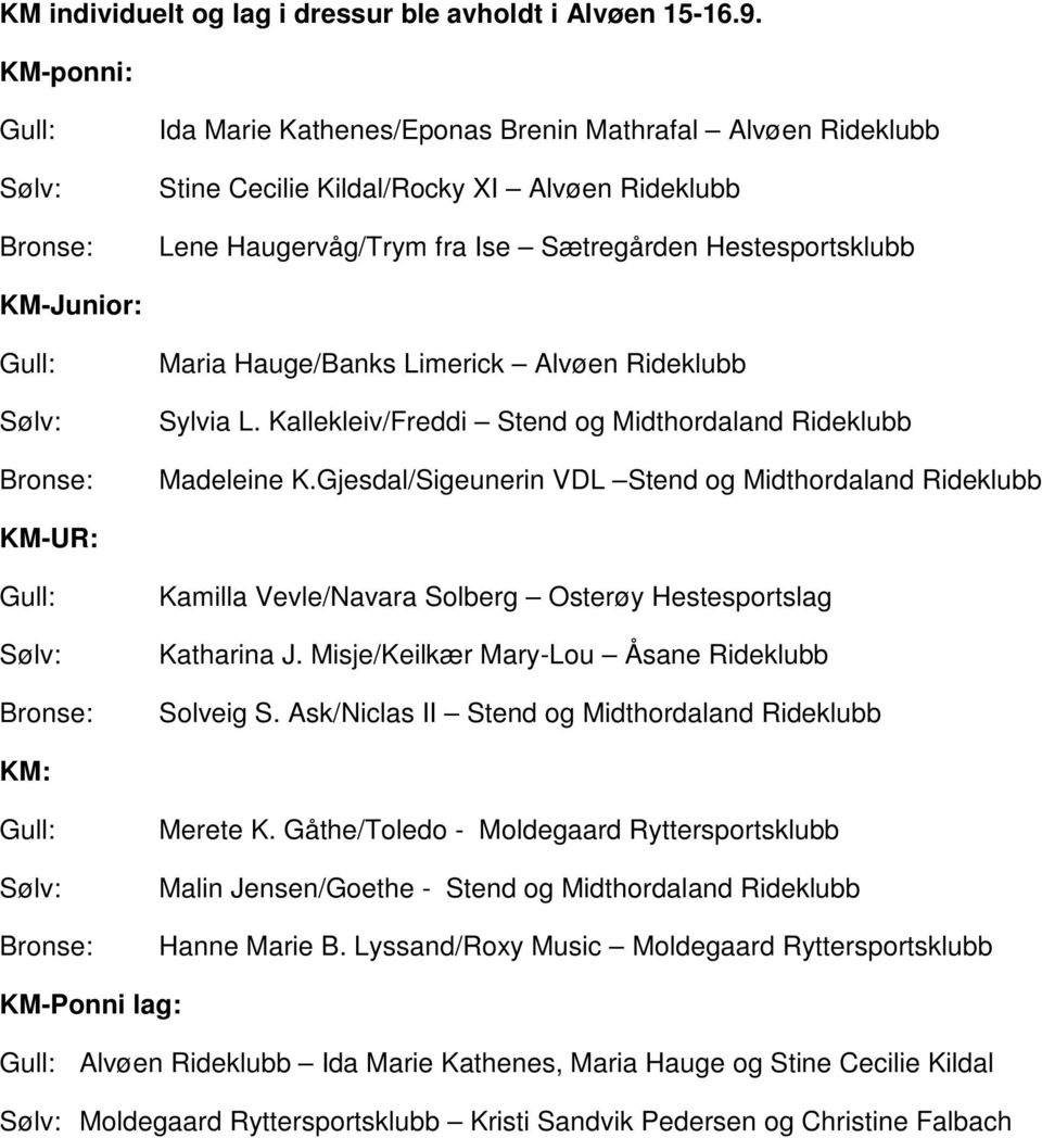 Hauge/Banks Limerick Alvøen Rideklubb Sylvia L. Kallekleiv/Freddi Stend og Midthordaland Rideklubb Madeleine K.