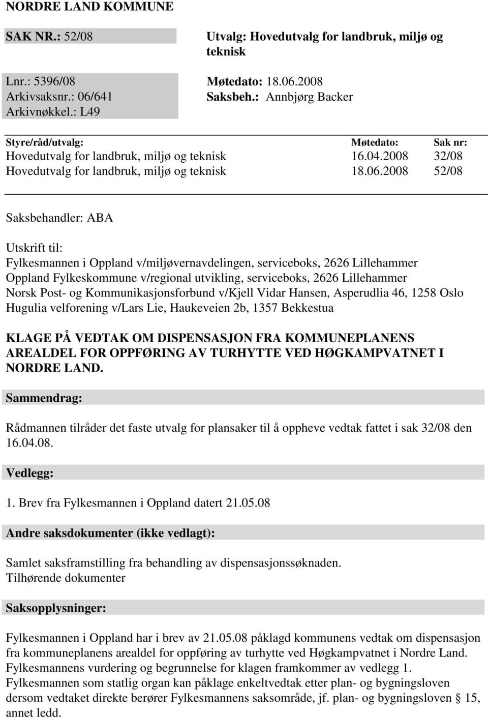 2008 52/08 Saksbehandler: ABA Utskrift til: Fylkesmannen i Oppland v/miljøvernavdelingen, serviceboks, 2626 Lillehammer Oppland Fylkeskommune v/regional utvikling, serviceboks, 2626 Lillehammer Norsk