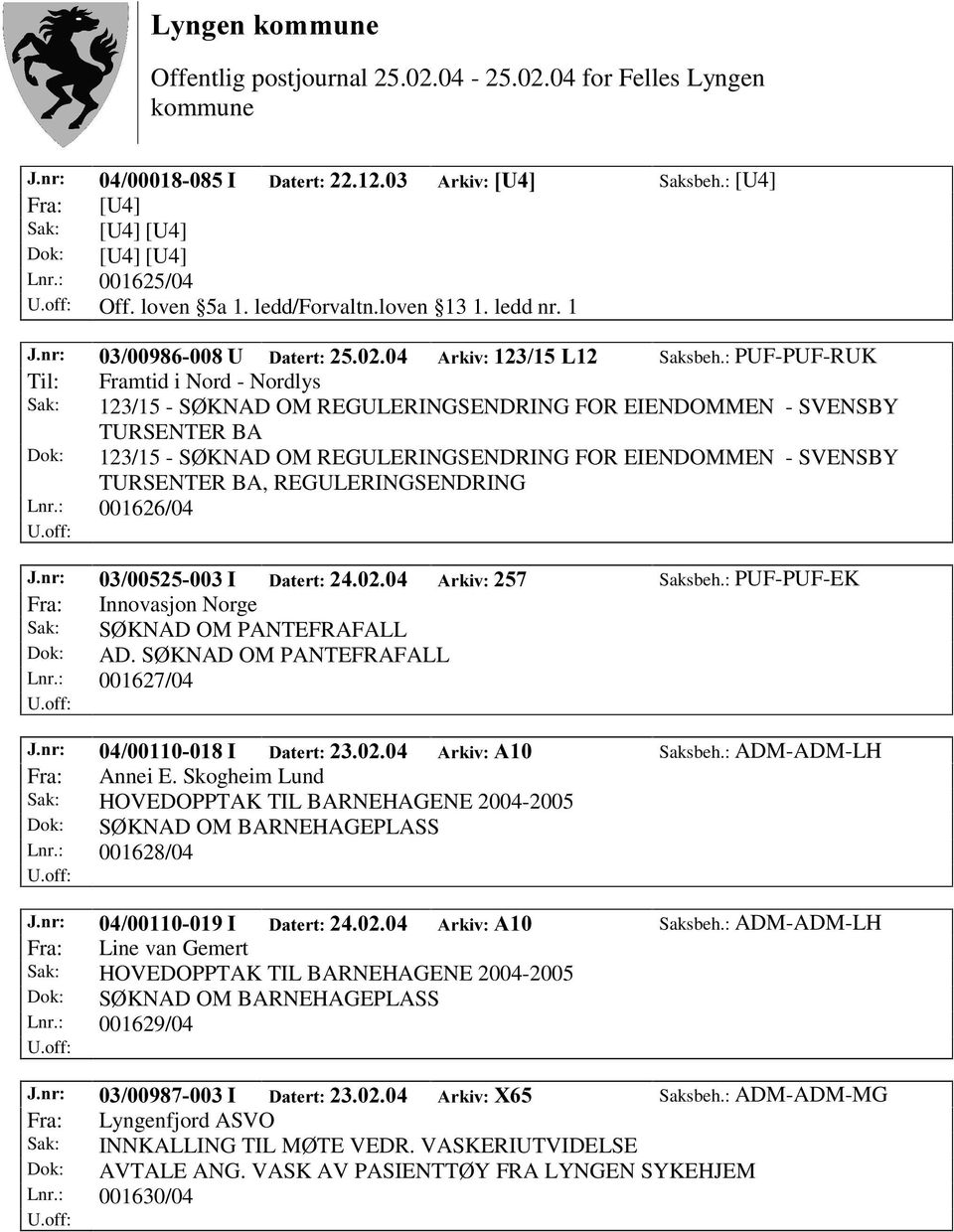 TURSENTER BA, REGULERINGSENDRING Lnr.: 001626/04 -QU, 'DWHUW $UNLY Saksbeh.: PUF-PUF-EK Fra: Innovasjon Norge Sak: SØ KNAD OM PANTEFRAFALL Dok: AD. SØ KNAD OM PANTEFRAFALL Lnr.