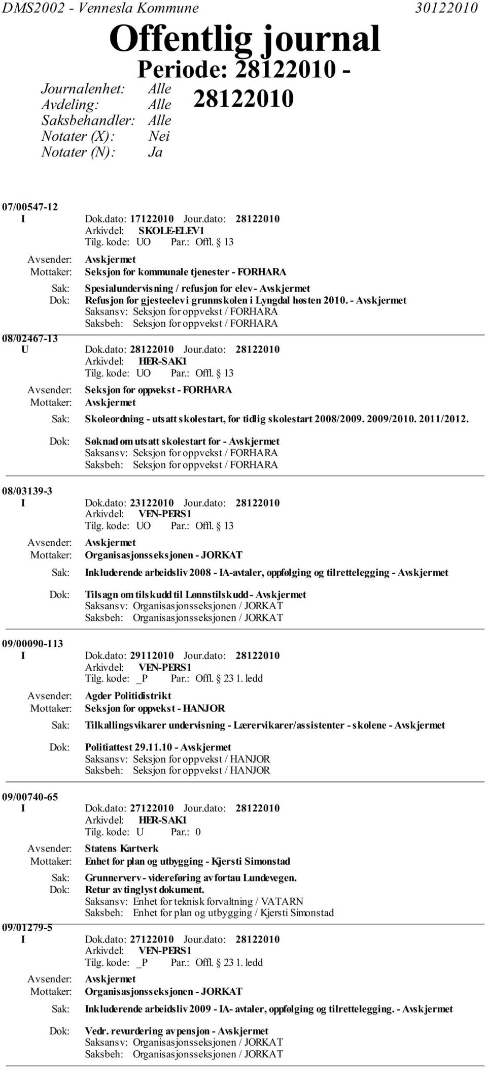 - Avskjermet Saksansv: Seksjon for oppvekst / FORHARA Saksbeh: Seksjon for oppvekst / FORHARA 08/02467-13 U Dok.dato: Jour.