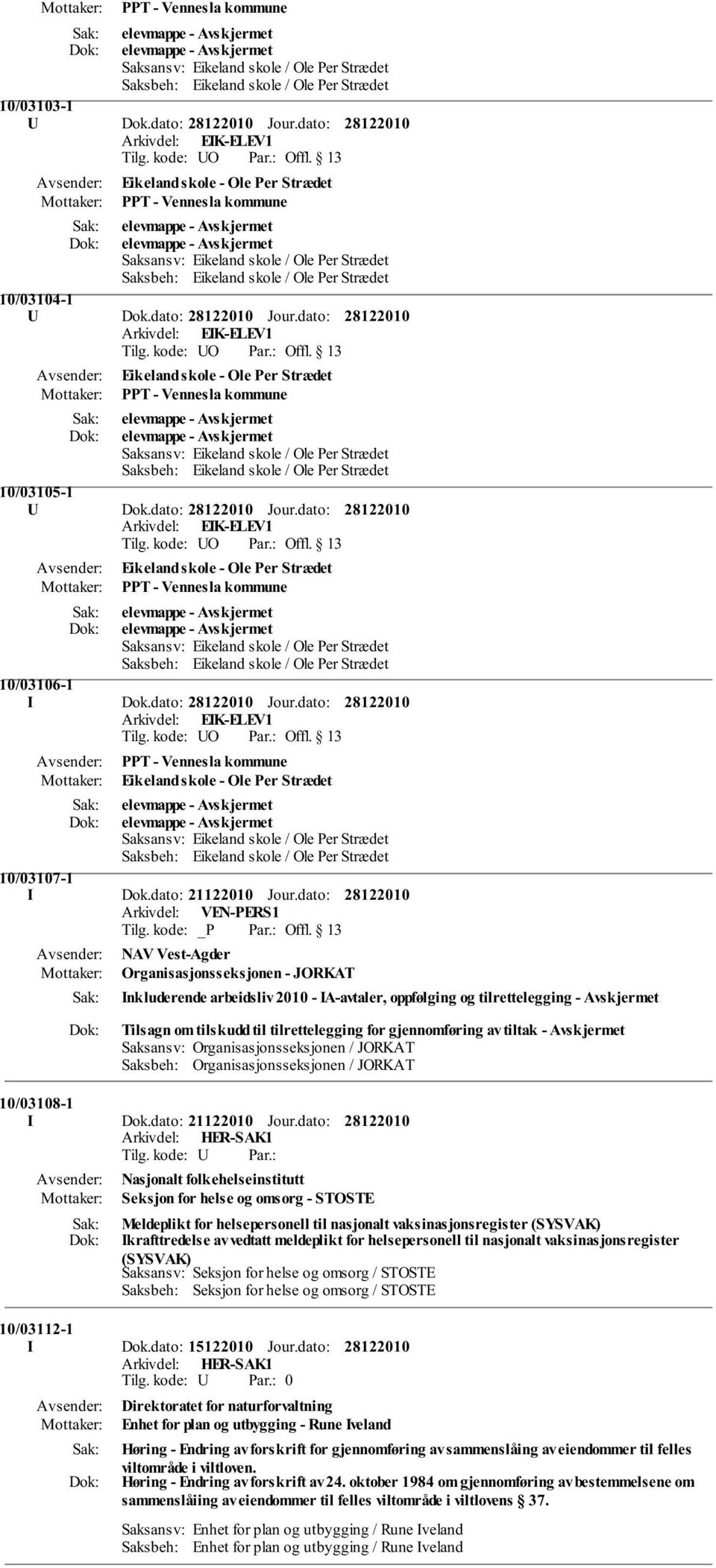 dato: Eikeland skole - Ole Per Strædet PPT - Vennesla kommune elevmappe - Avskjermet elevmappe - Avskjermet 10/03105-1 U Dok.dato: Jour.